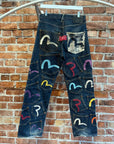 EVISU MULTI-POCKET BLACK TAGGED DOUBLE GULL DENIM JEANS ‘MULTI’