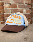 KAPITAL SHERPA EAR FLAP TRUCKER HAT ‘BLUE/BROWN’
