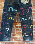 EVISU MULTI-POCKET BLACK TAGGED DOUBLE GULL DENIM JEANS ‘MULTI’