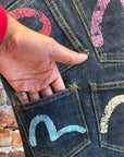 EVISU MULTI-POCKET BLACK TAGGED DOUBLE GULL DENIM JEANS ‘MULTI’