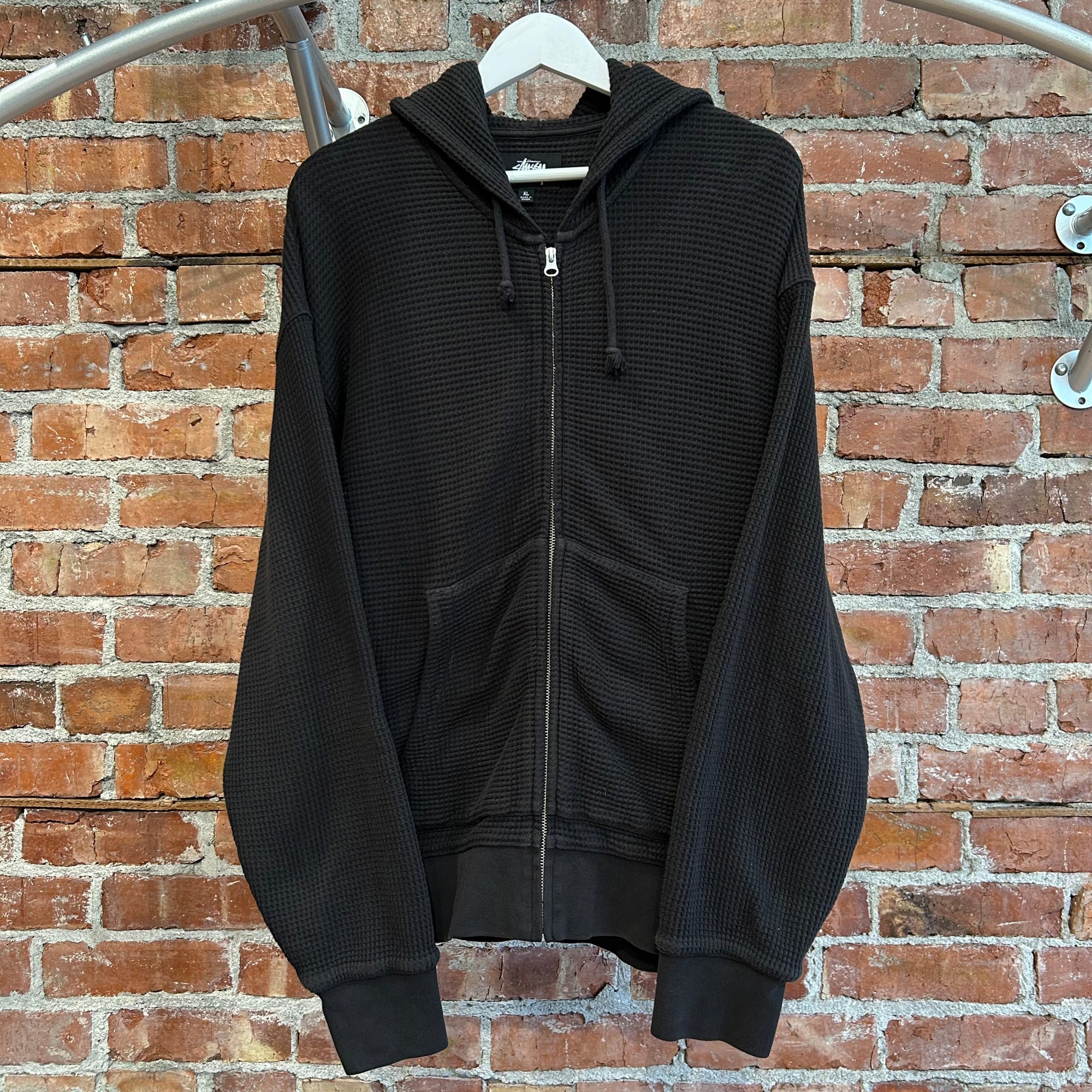 STUSSY DOUBLE LAYER WAFFLE ZIP HOODIE ‘BLACK’