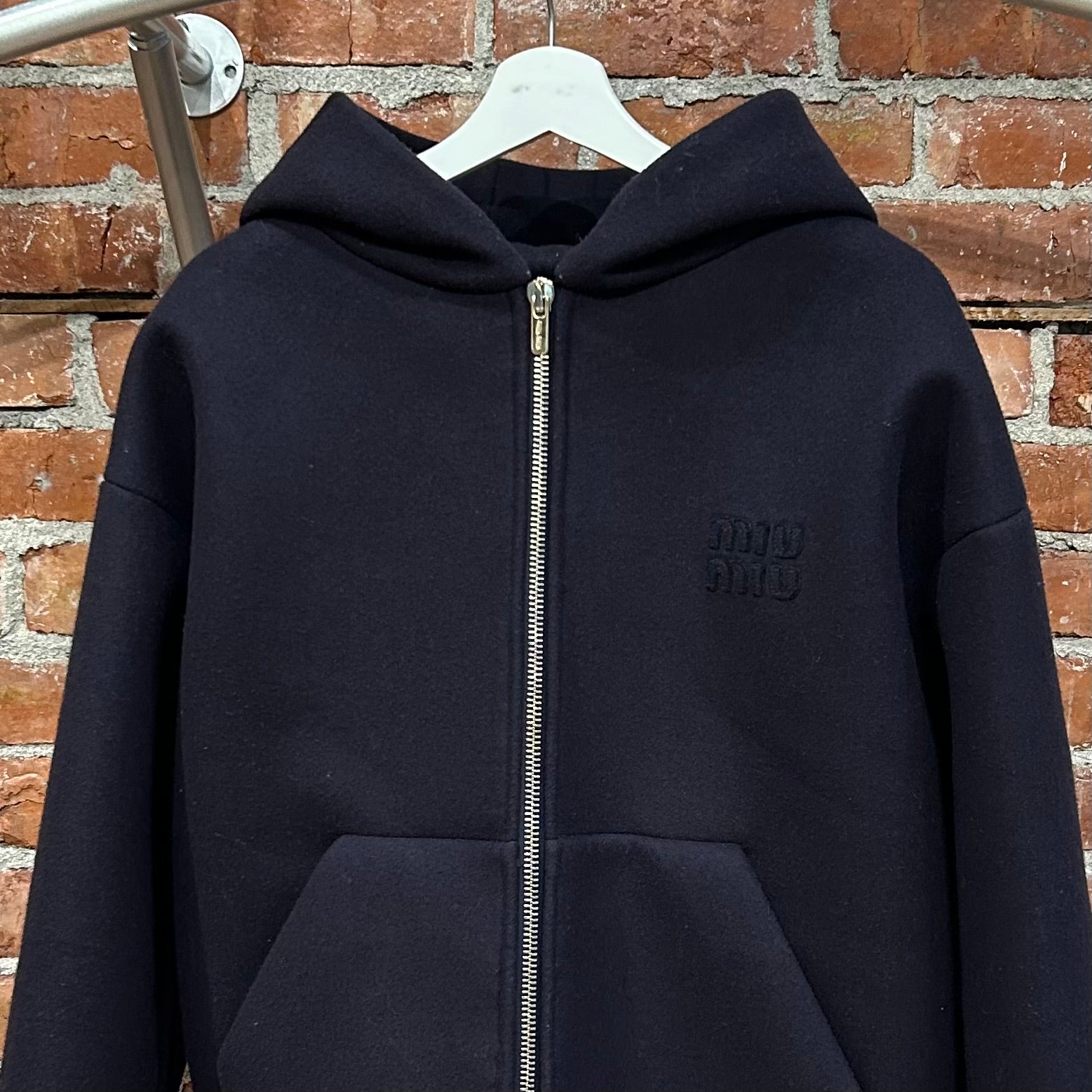MIU MIU PADDED WOOL ZIP HOODIE ‘NAVY’