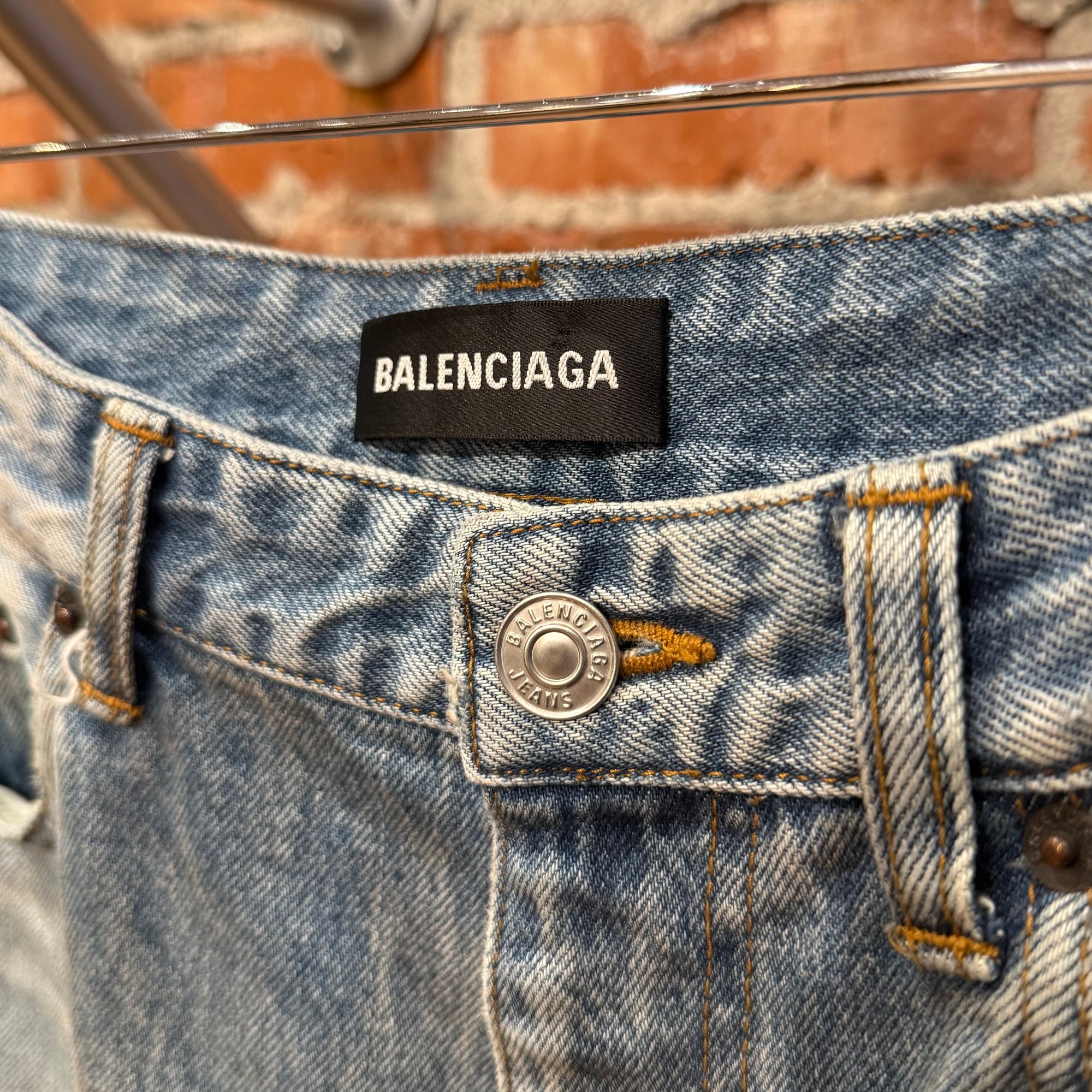 BALENCIAGA DOUBLE LAYERED DISTRESSED LOGO DENIM ‘BLUE/BLACK’