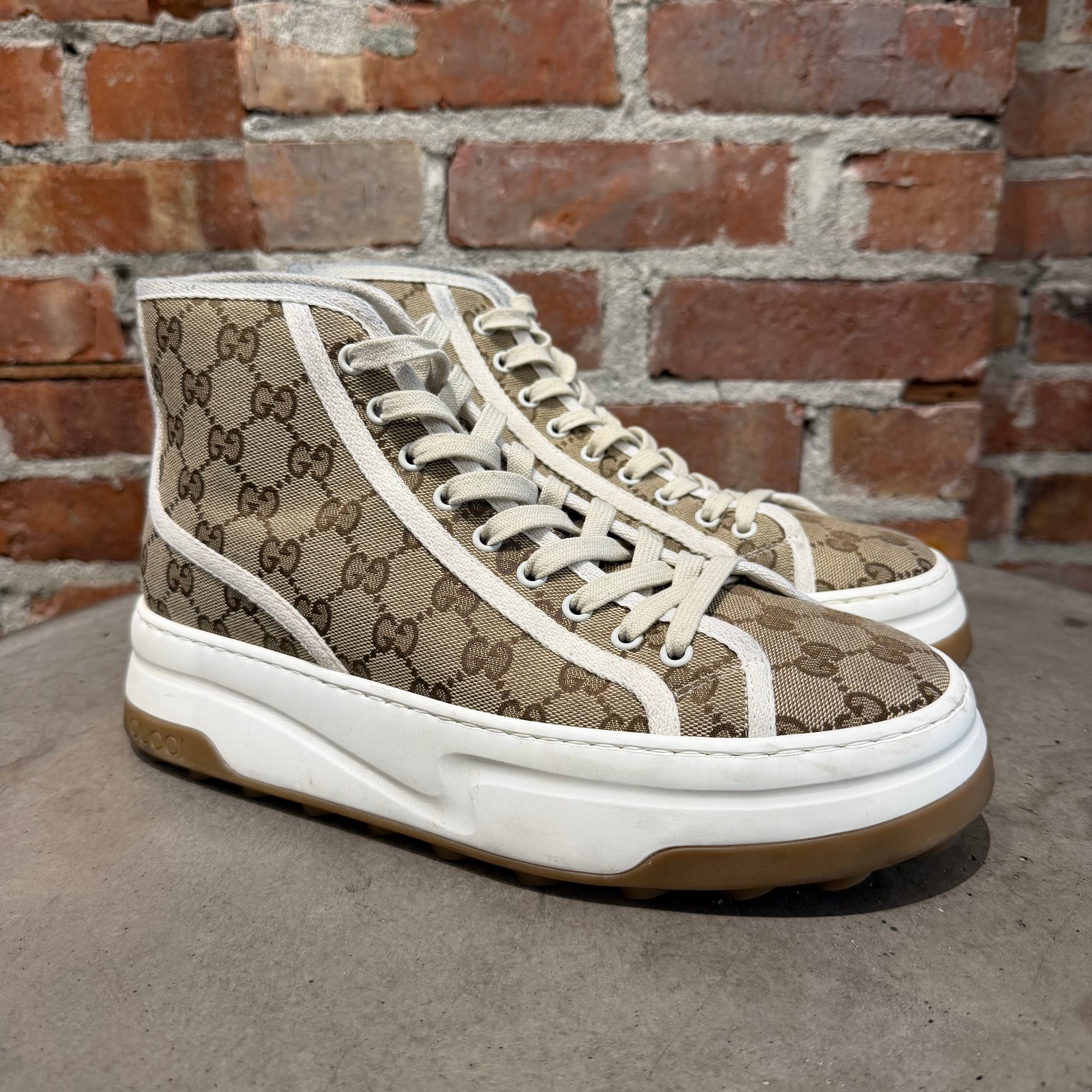 GUCCI MONOGRAM TENNIS HIGHTOP SNEAKERS ‘BROWN’
