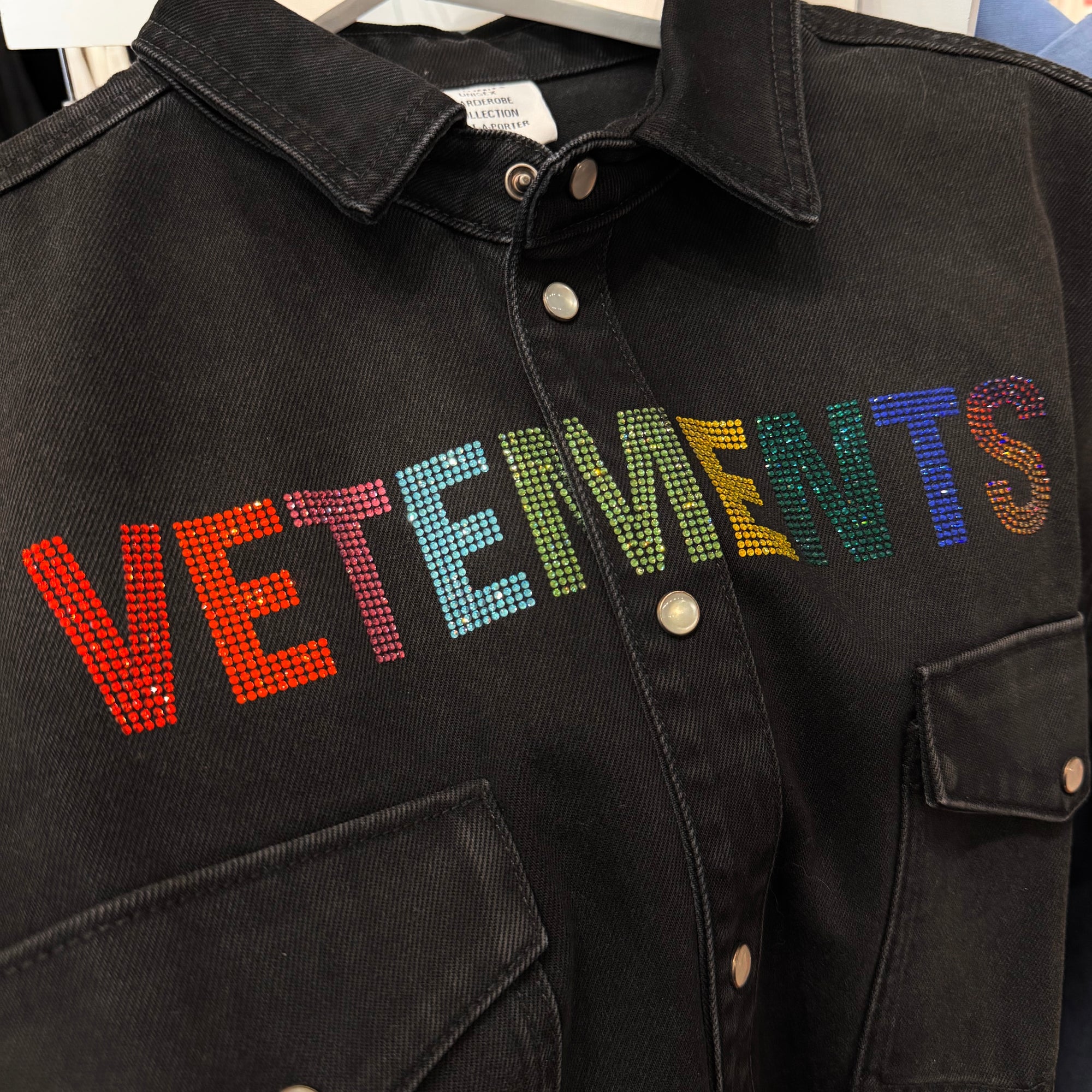 VETEMENTS SS19 RHINESTONE EMBELLISHED DENIM OVERSHIRT ‘BLACK’