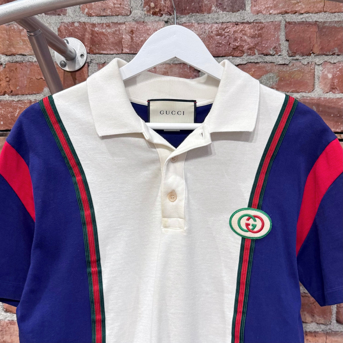 GUCCI APPLIQUED WEBBING TRIMMED POLO SHIRT ‘MULTI’