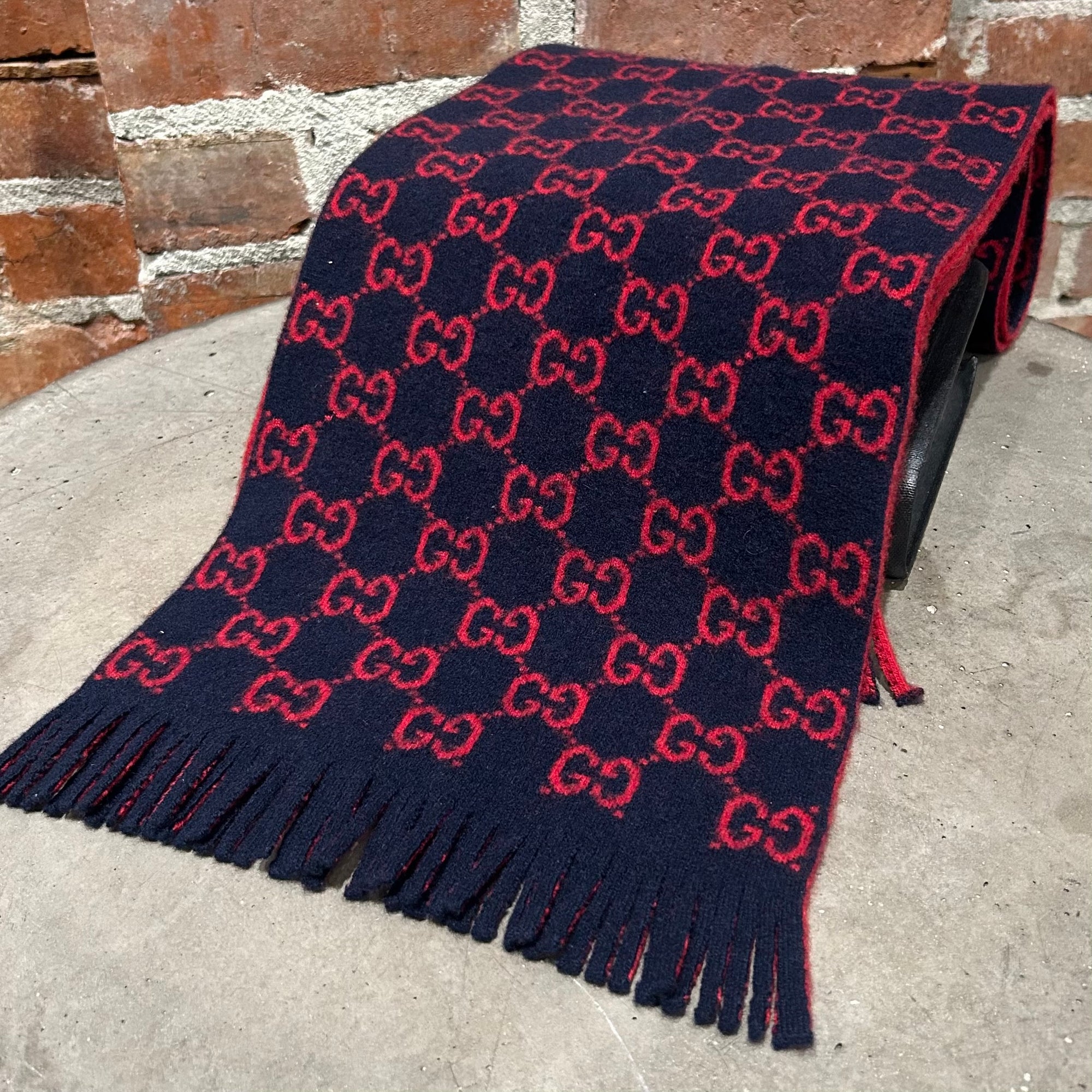 GUCCI GG PATTERN WOOL SCARF ‘NAVY’