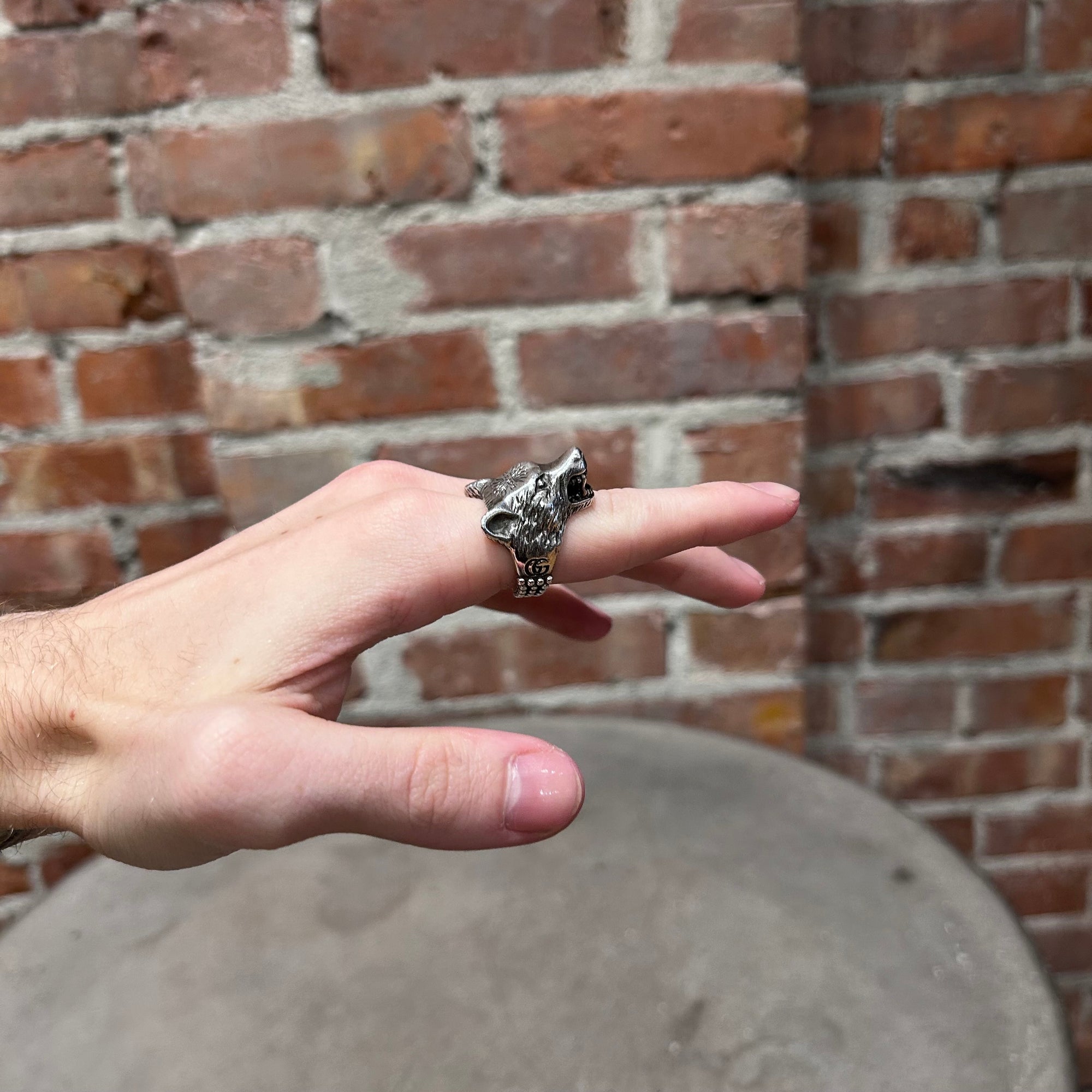 GUCCI ANGER FOREST WOLF HEAD RING ‘SILVER’