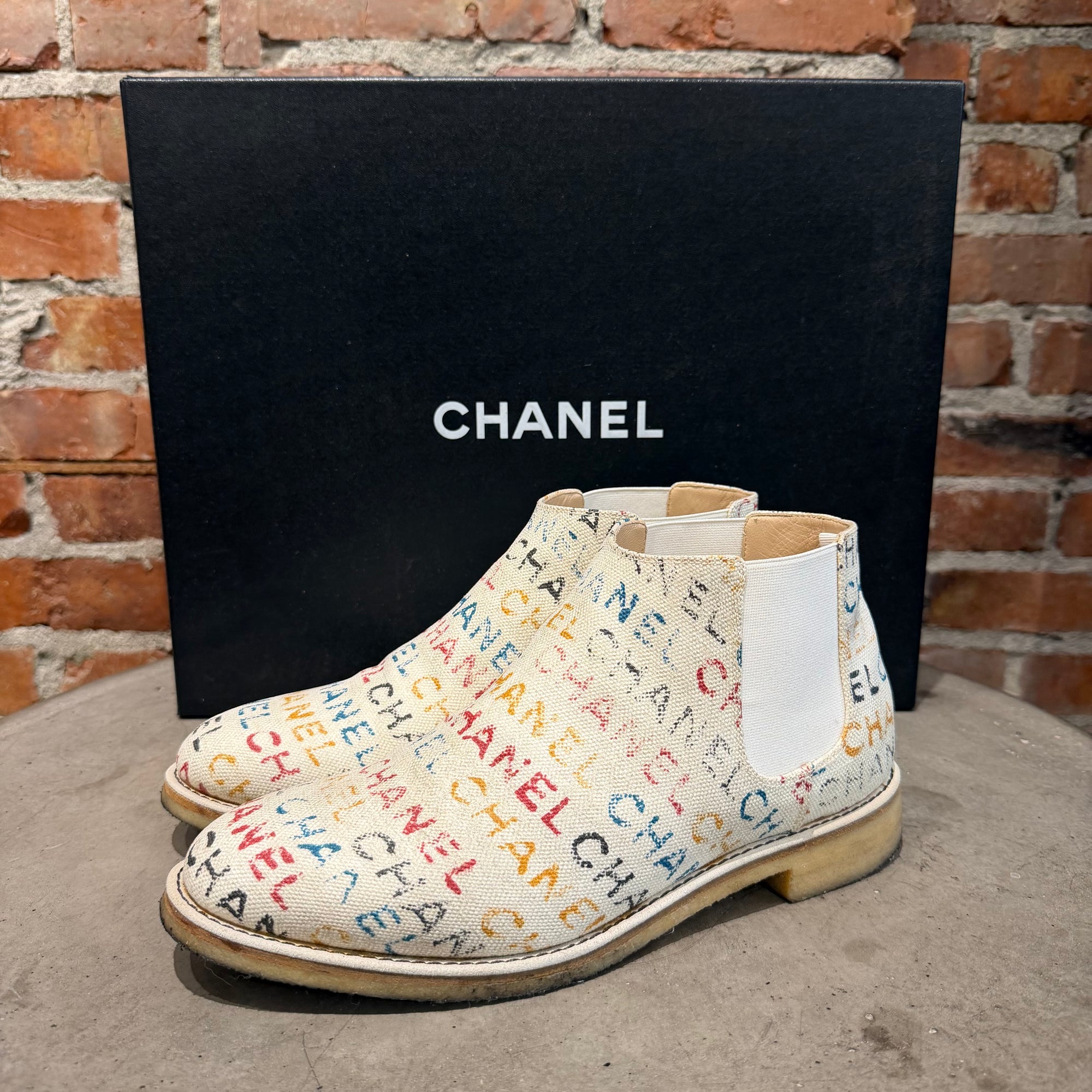 CHANEL SS14 GRAFFITI CANVAS CHELSEA BOOTS ‘MULTI’