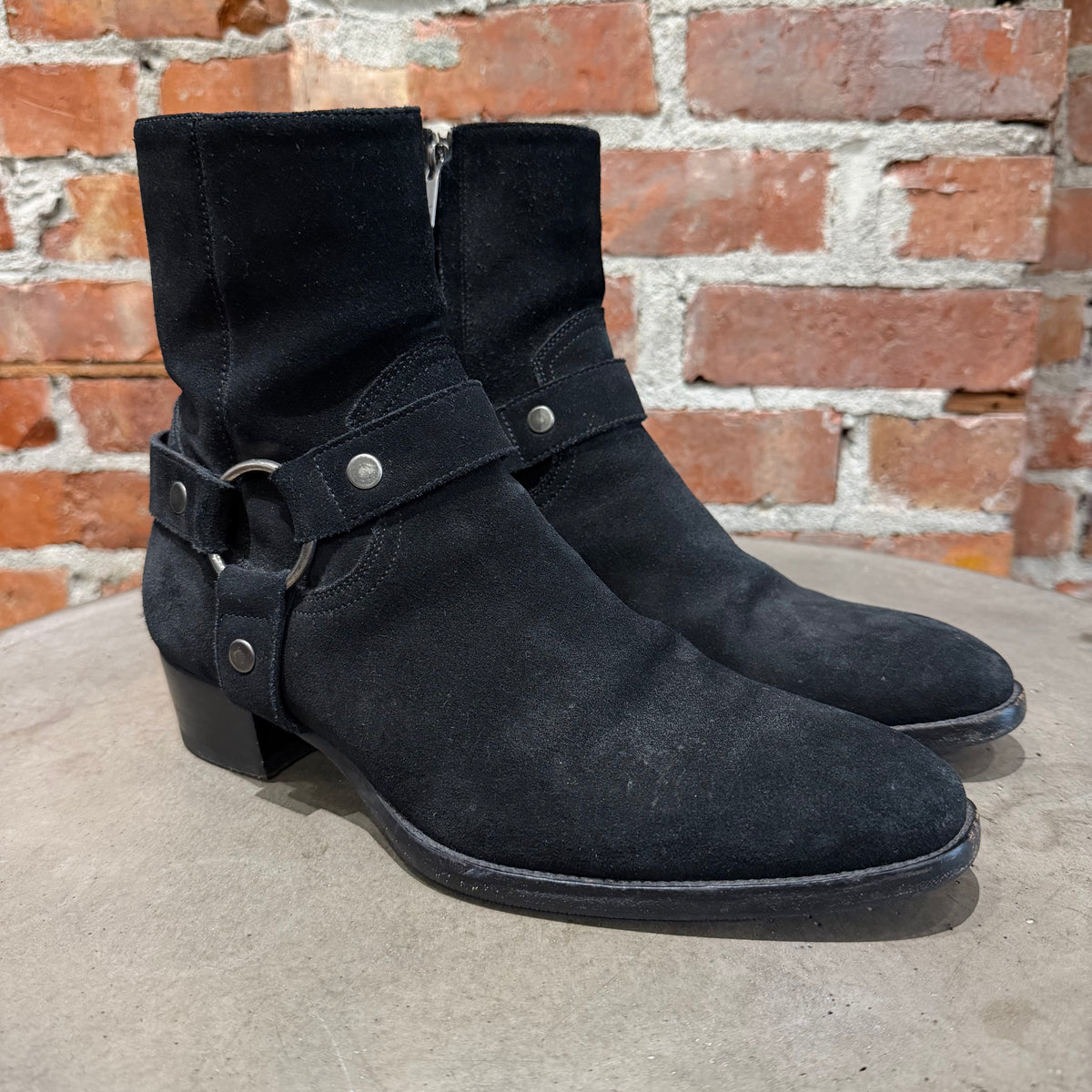 SAINT LAURENT FW13 SUEDE WYATT HARNESS BOOTS ‘BLACK’