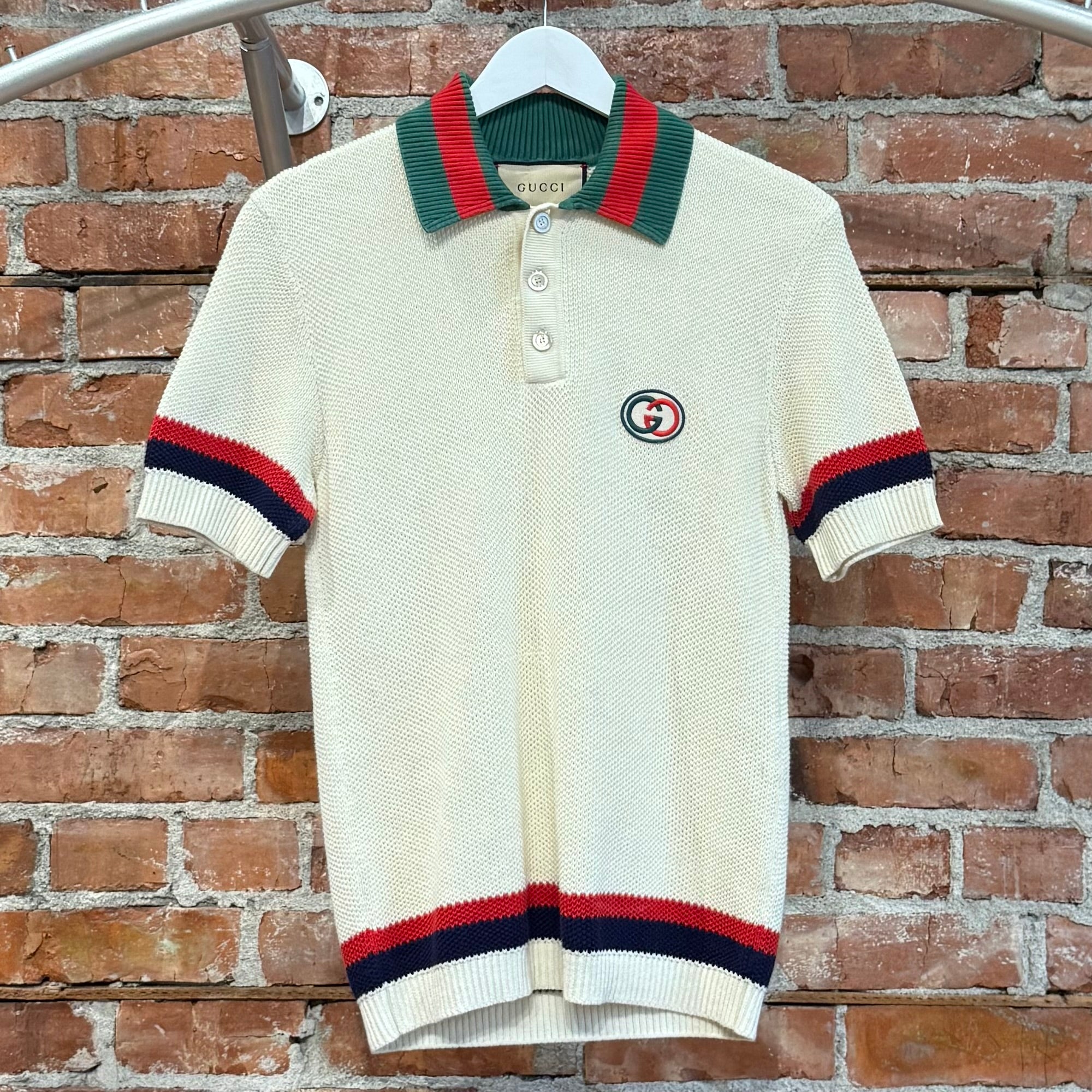 GUCCI WEB STRIPE KNIT POLO SWEATER ‘CREAM’