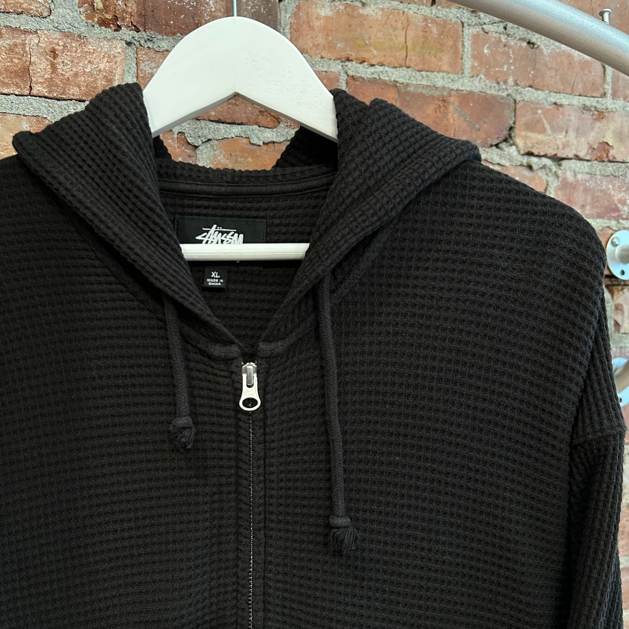 STUSSY DOUBLE LAYER WAFFLE ZIP HOODIE ‘BLACK’