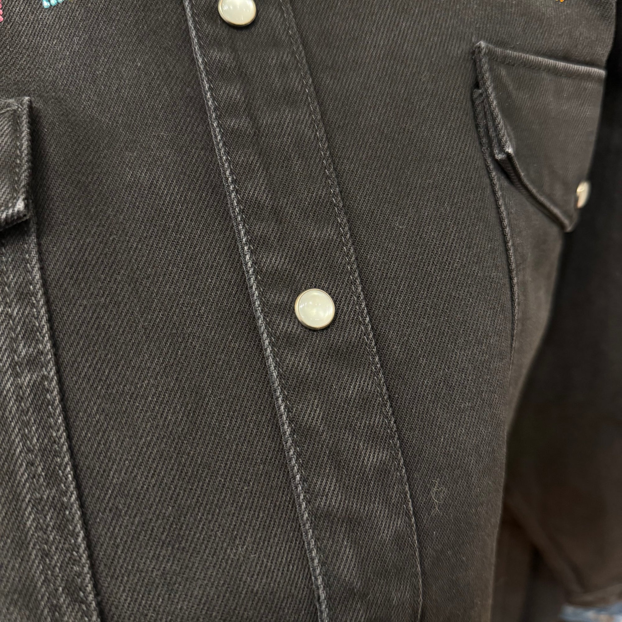 VETEMENTS SS19 RHINESTONE EMBELLISHED DENIM OVERSHIRT ‘BLACK’