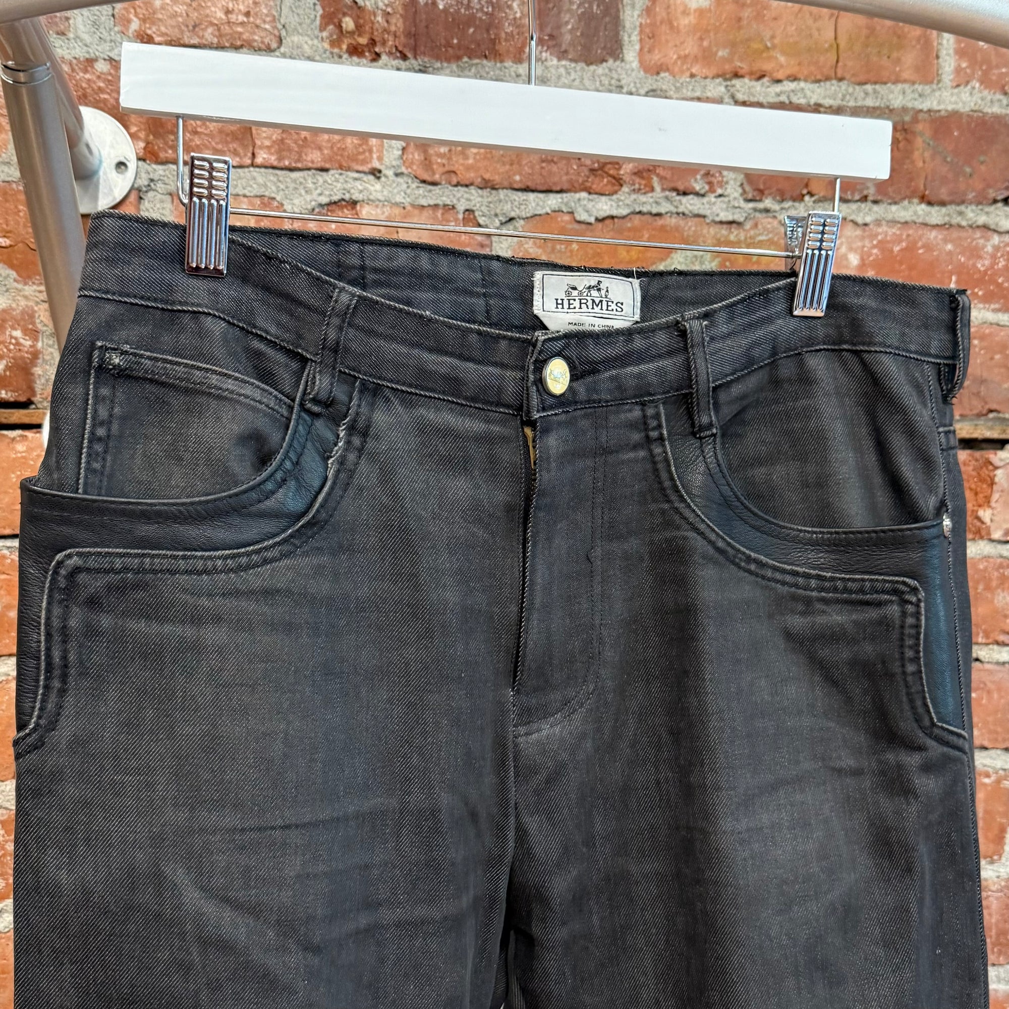 HERMES VINTAGE LEATHER DETAILED DENIM ‘BLACK’