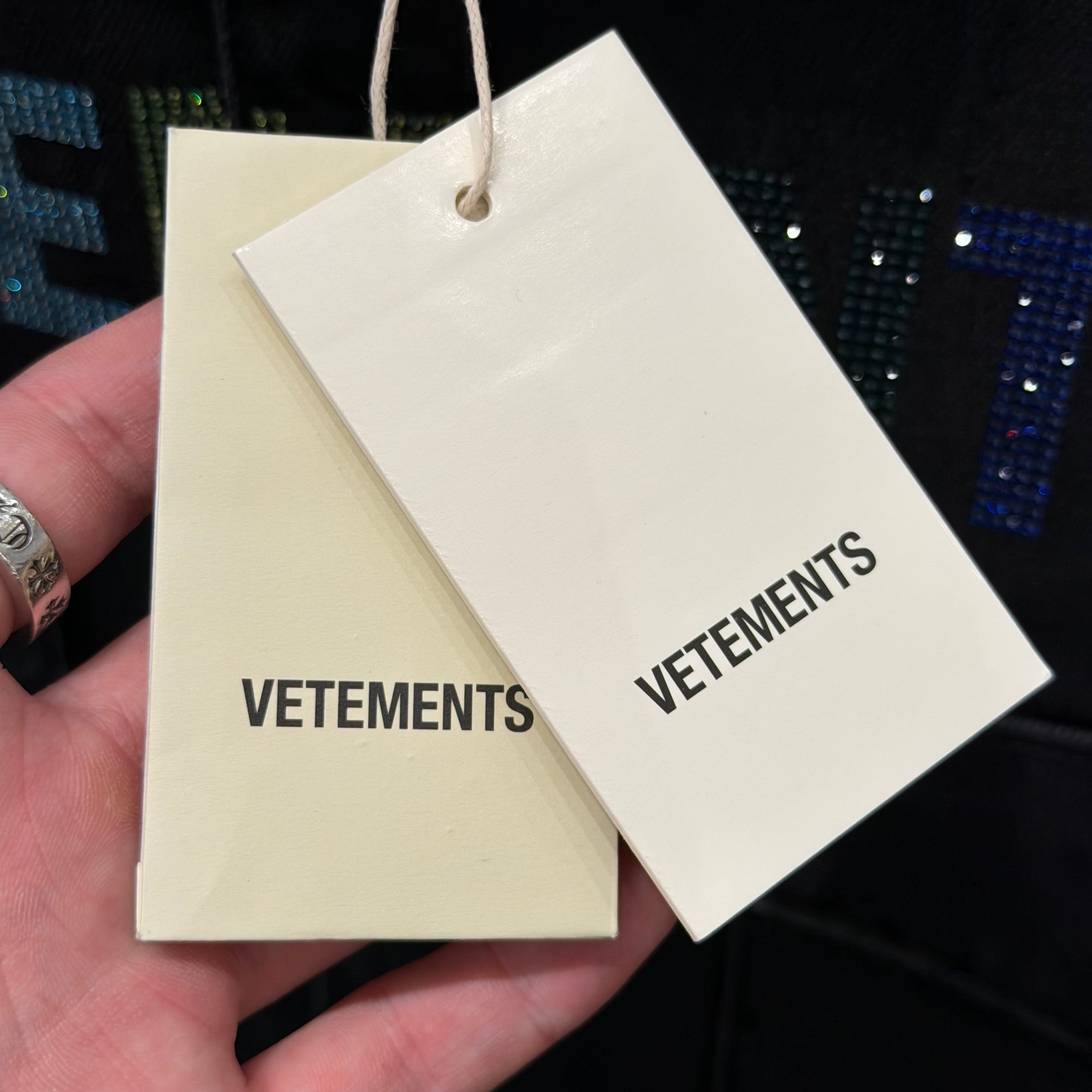 VETEMENTS SS19 RHINESTONE EMBELLISHED DENIM OVERSHIRT ‘BLACK’