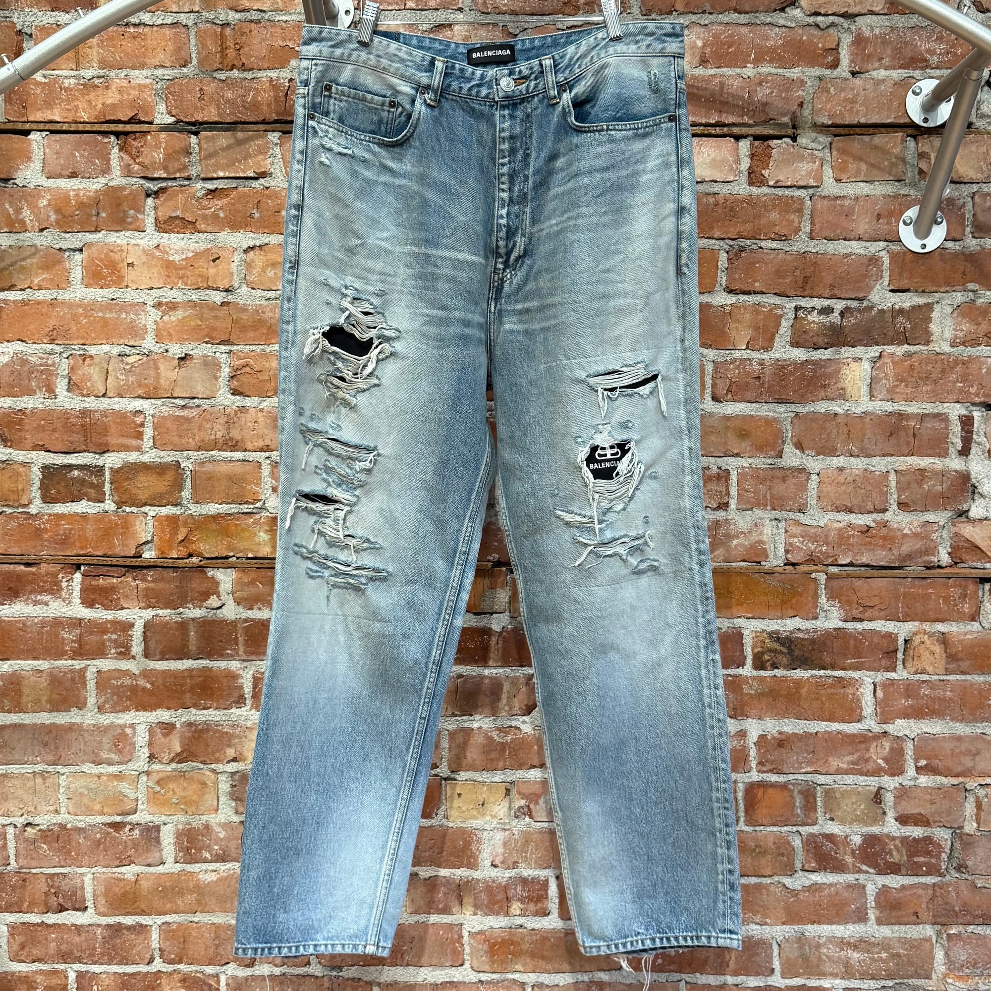 BALENCIAGA DOUBLE LAYERED DISTRESSED LOGO DENIM ‘BLUE/BLACK’