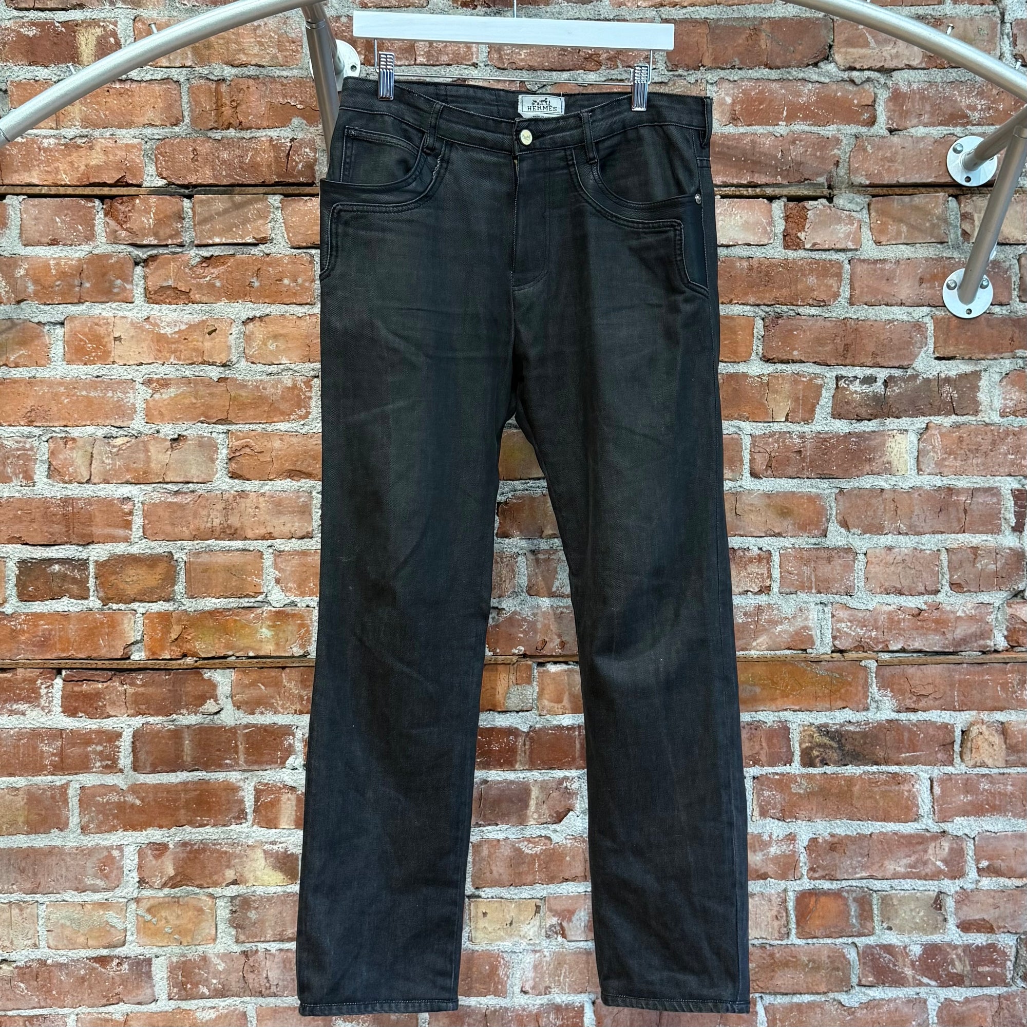 HERMES VINTAGE LEATHER DETAILED DENIM ‘BLACK’