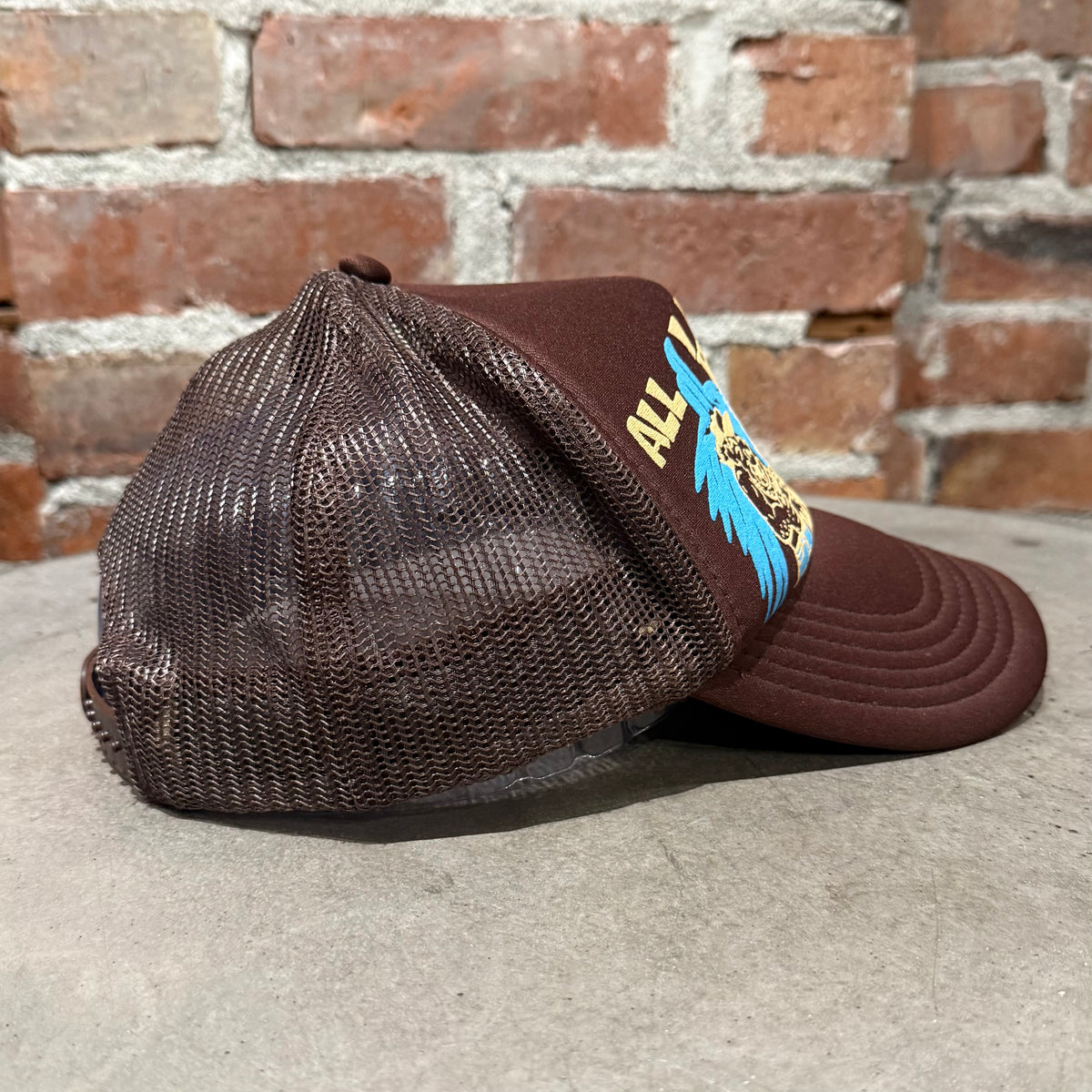 KAPITAL ALL I WANT IS WASHING DENIM TRUCKER HAT ‘BROWN’
