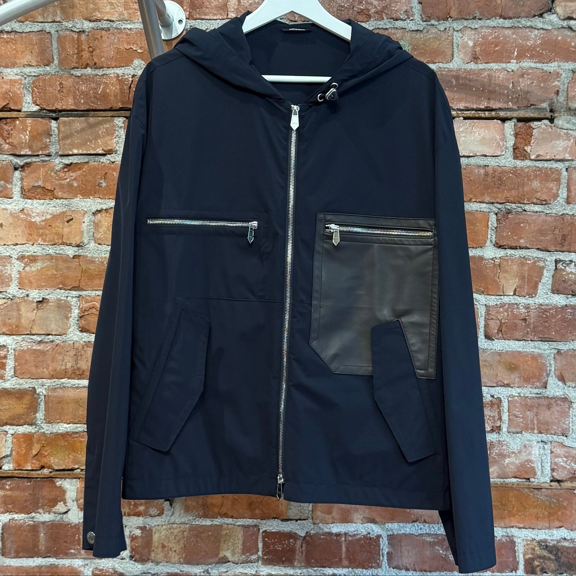 HERMES HOODED BLOUSON LEATHER DETAIL JACKET ‘NAVY’