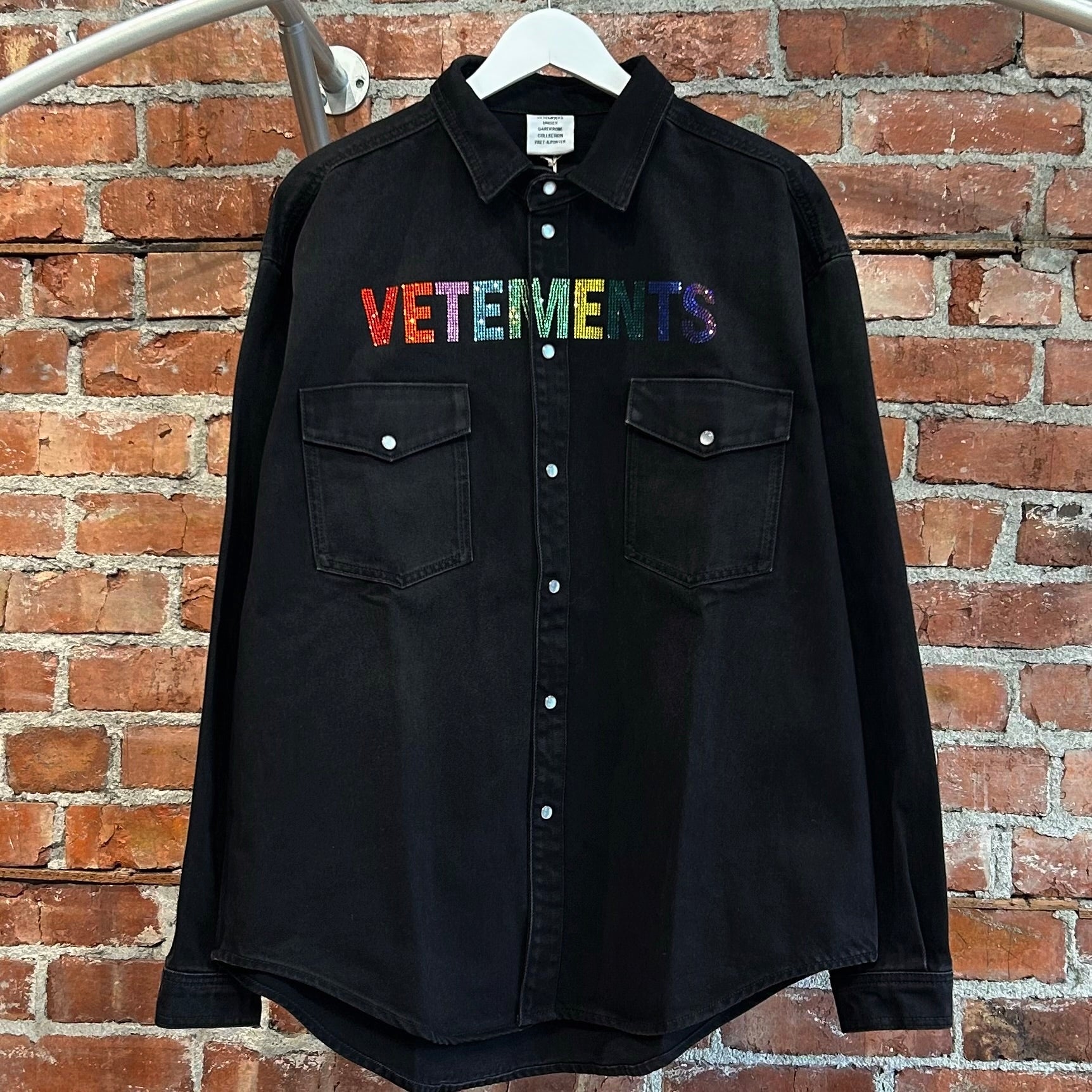 VETEMENTS SS19 RHINESTONE EMBELLISHED DENIM OVERSHIRT ‘BLACK’