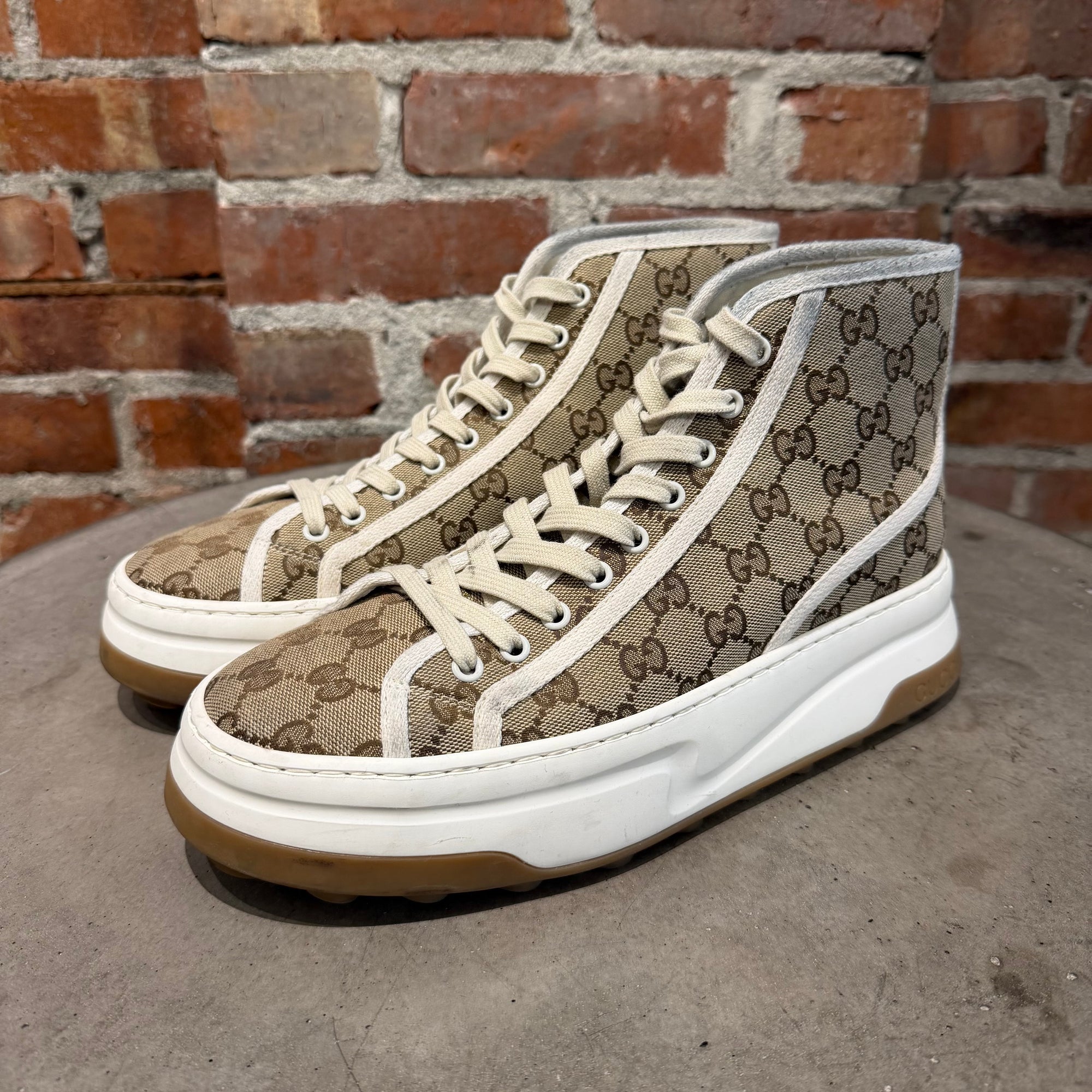 GUCCI MONOGRAM TENNIS HIGHTOP SNEAKERS ‘BROWN’