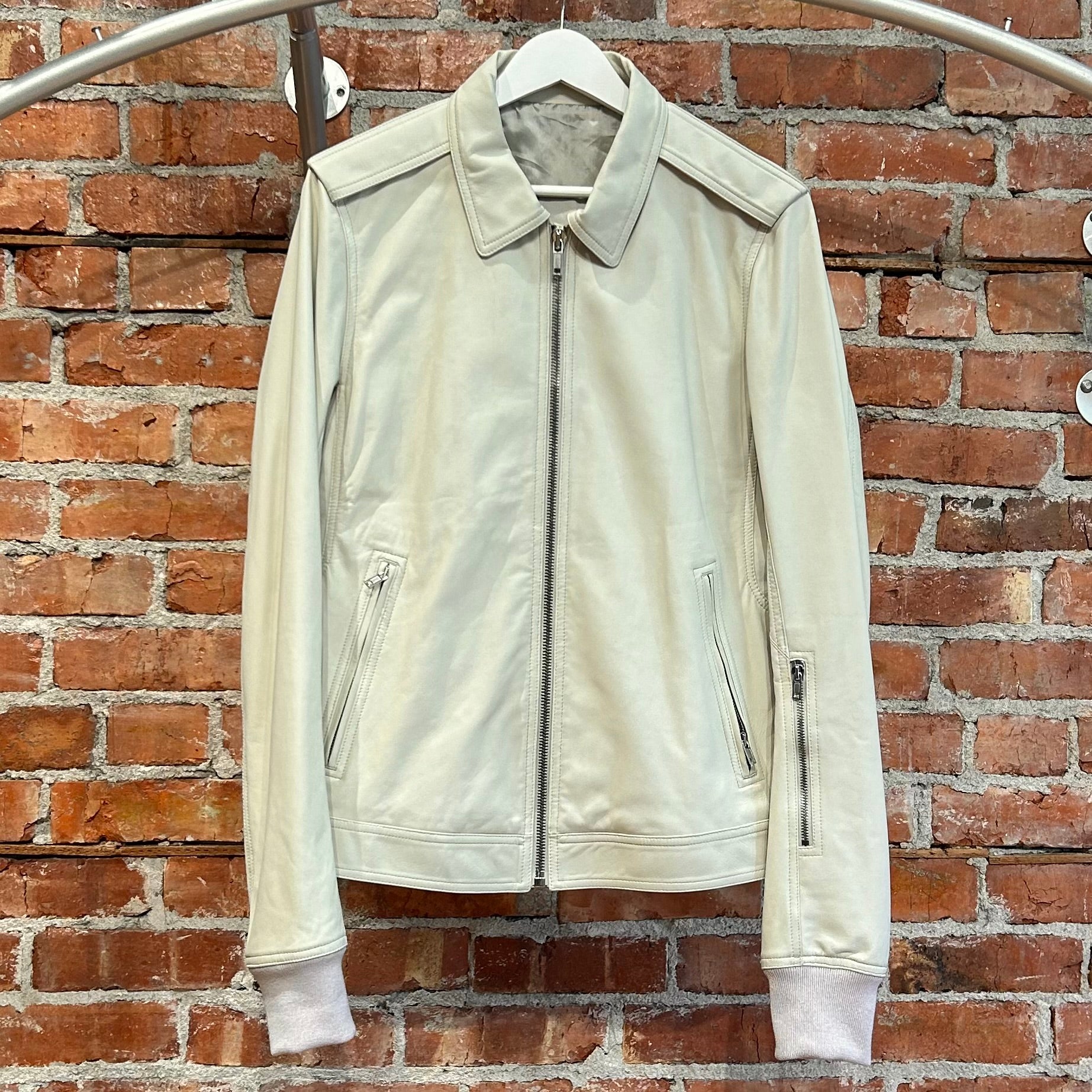 RICK OWENS SS19 BABEL LAMBSKIN MOTO LEATHER JACKET 'OYSTER'