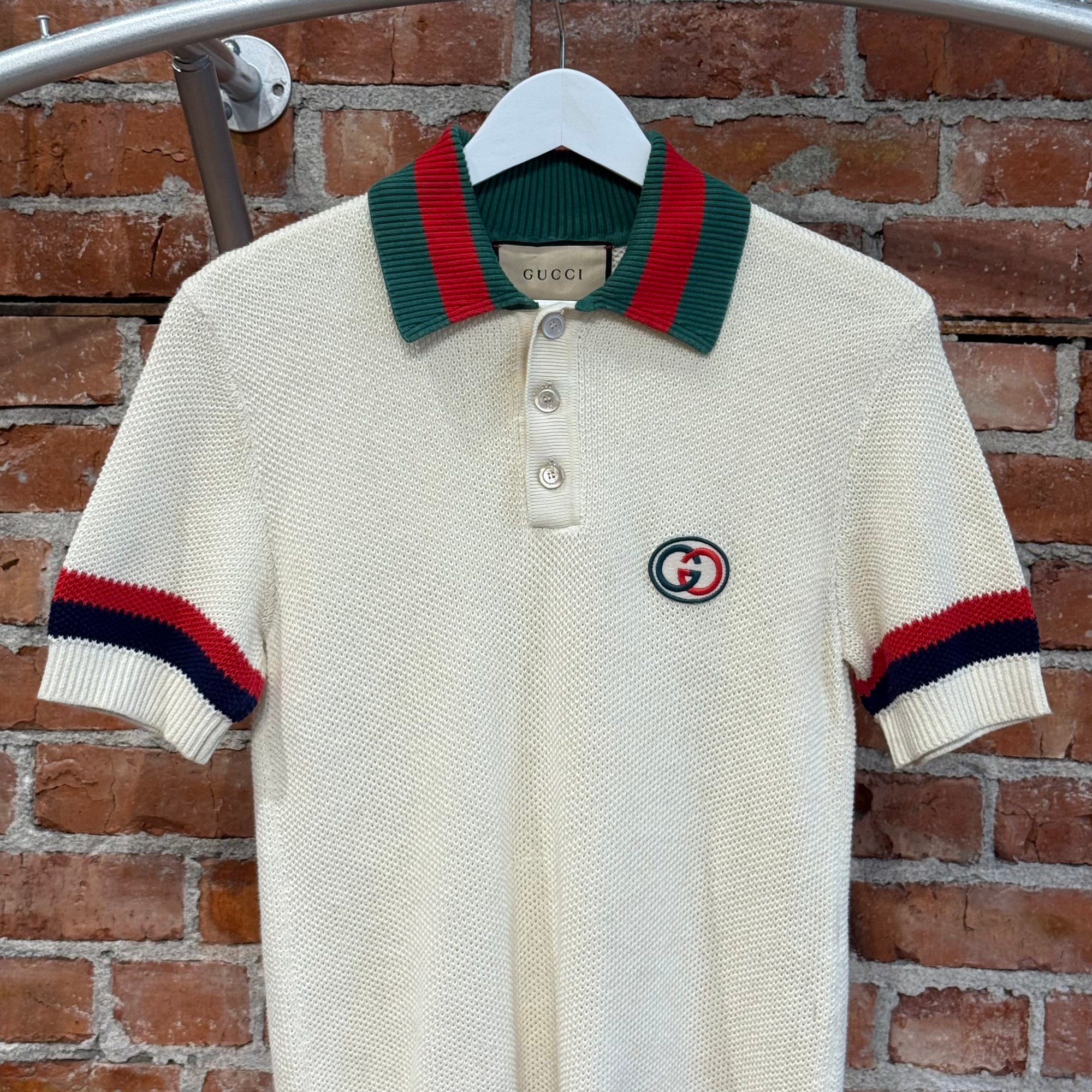 GUCCI WEB STRIPE KNIT POLO SWEATER ‘CREAM’