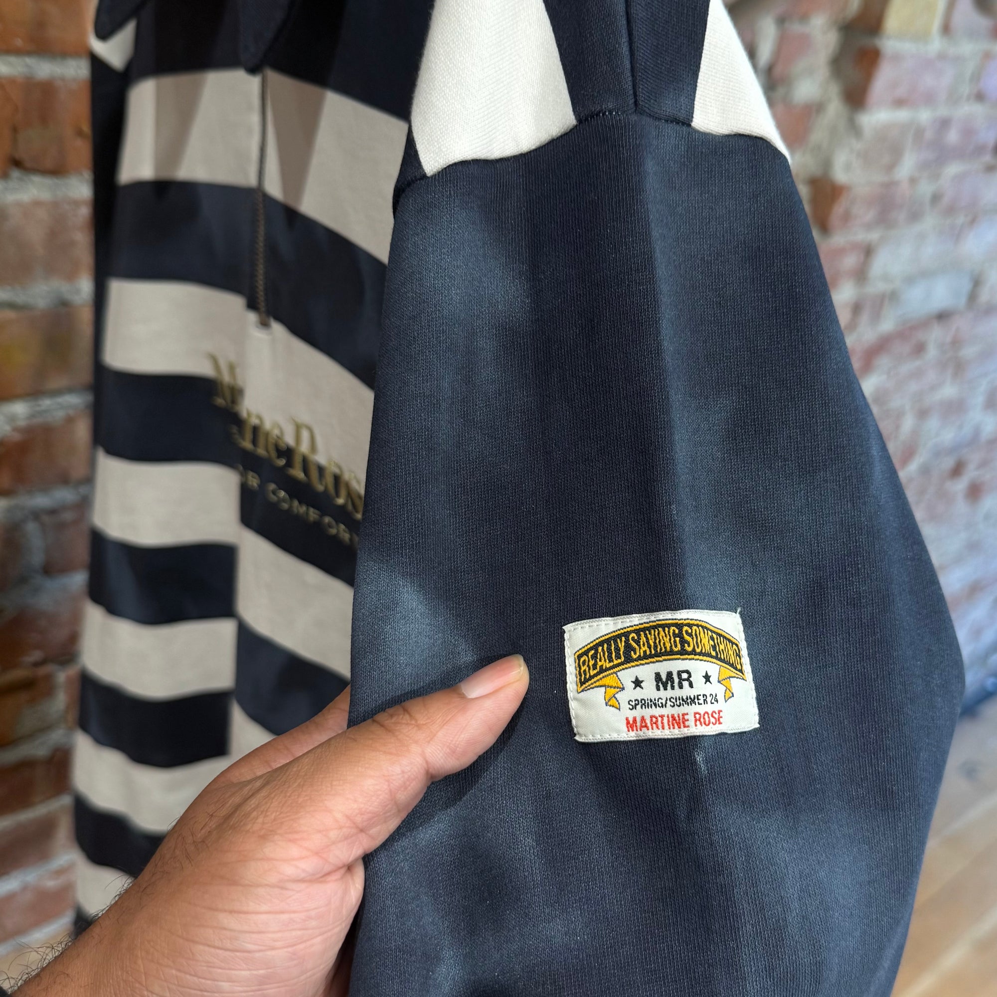 MARTINE ROSE EMBROIDERED QUARTER ZIP RUGBY ‘NAVY/WHITE’