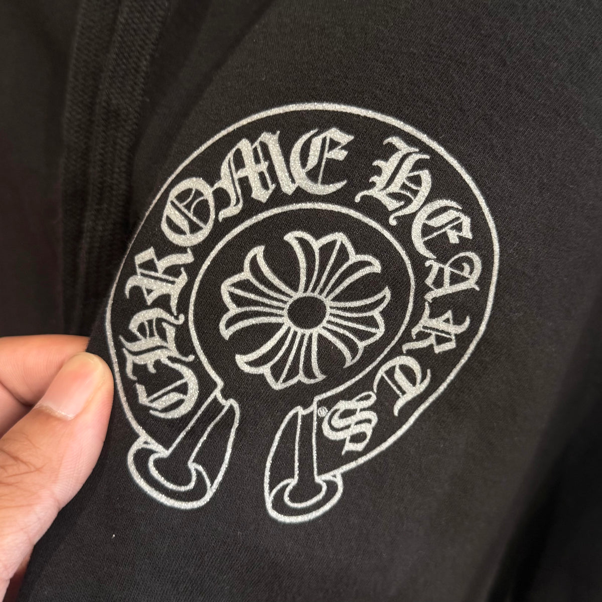 CHROME HEARTS ONLINE EXCLUSIVE SILVER GLITTER LOGO HOODIE ‘BLACK/SILVER’