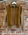 MIU MIU FW25 HIGH NECK SUEDE PANEL JACKET ‘BROWN’