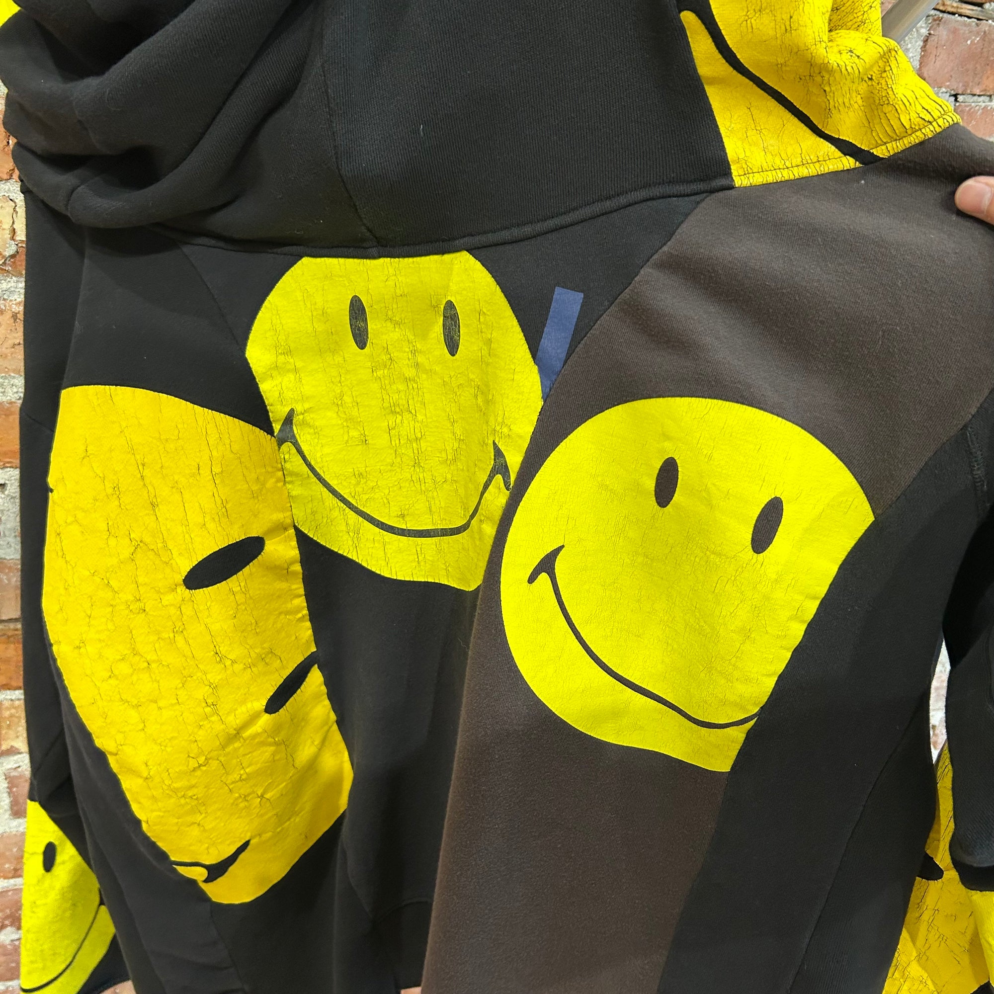 KAPITAL RECONSTRUCTED PATCHWORK SMILEY HOODIE ‘BLACK/YELLOW’