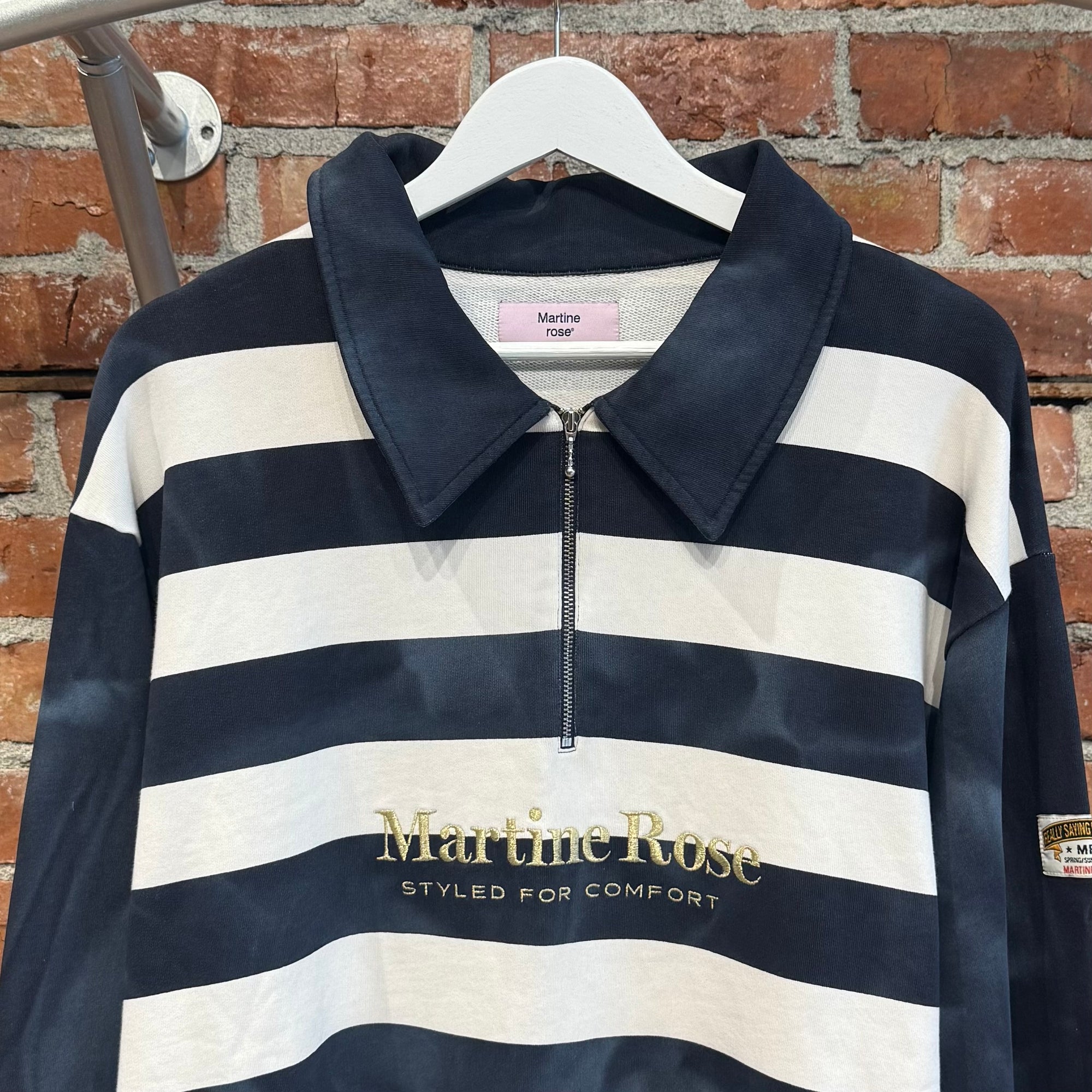 MARTINE ROSE EMBROIDERED QUARTER ZIP RUGBY ‘NAVY/WHITE’