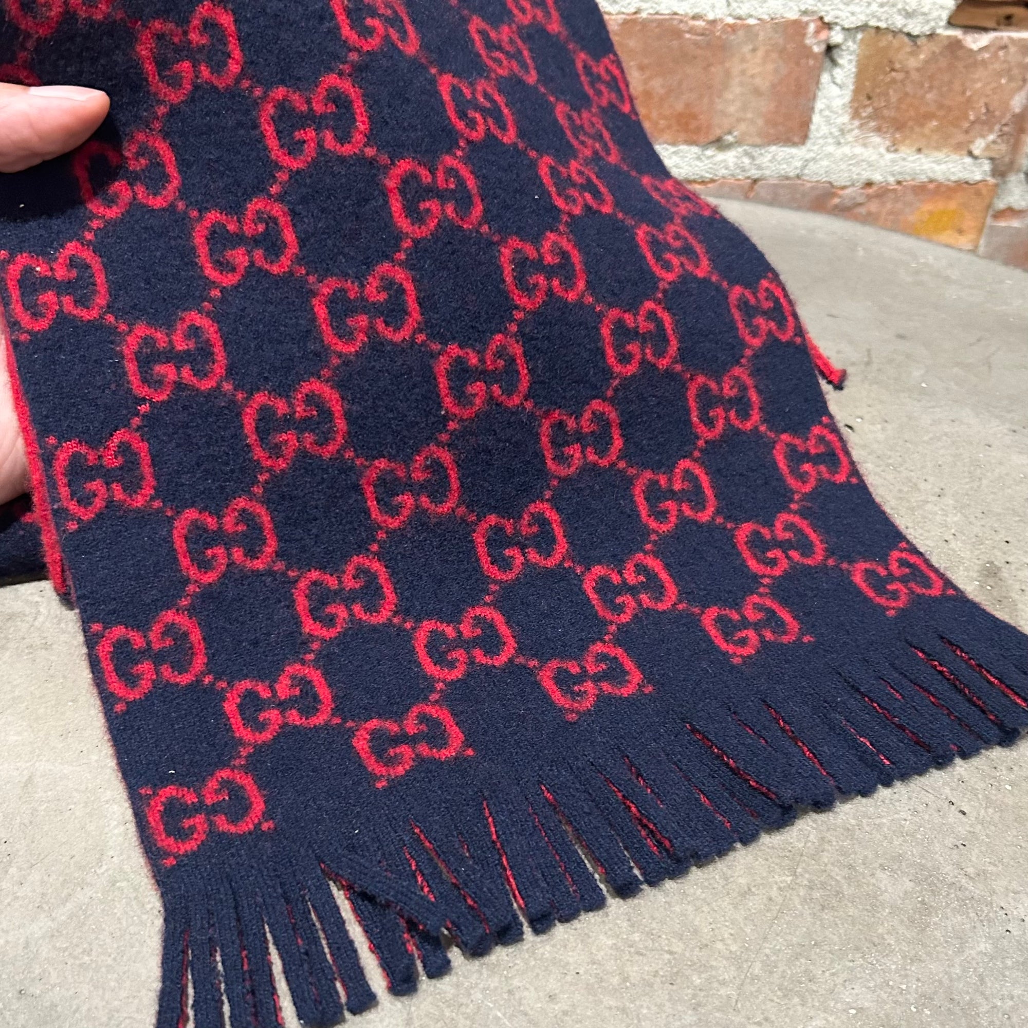 GUCCI GG PATTERN WOOL SCARF ‘NAVY’