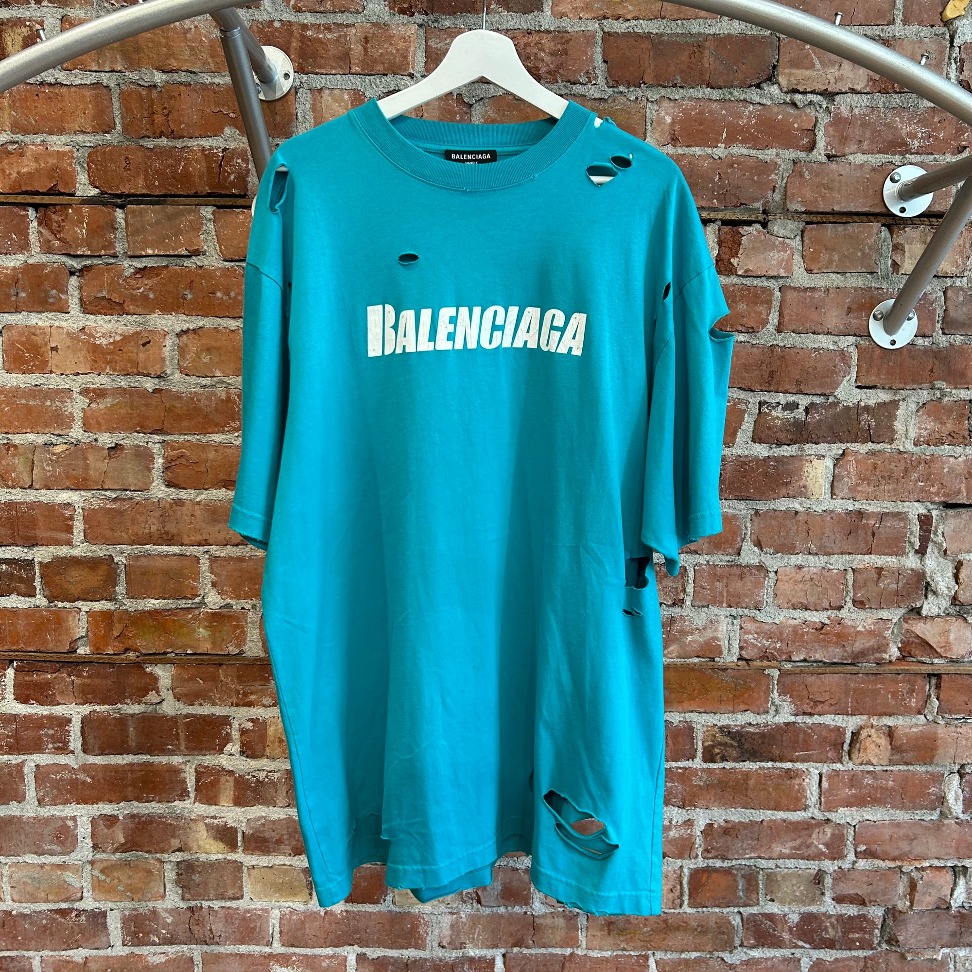 BALENCIAGA SS20 DESTROYED FLATGROUND TEE ‘TURQUOISE’