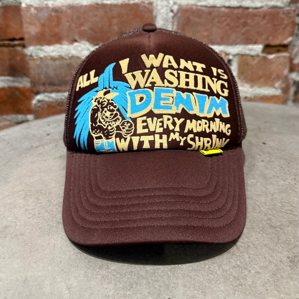 KAPITAL ALL I WANT IS WASHING DENIM TRUCKER HAT ‘BROWN’