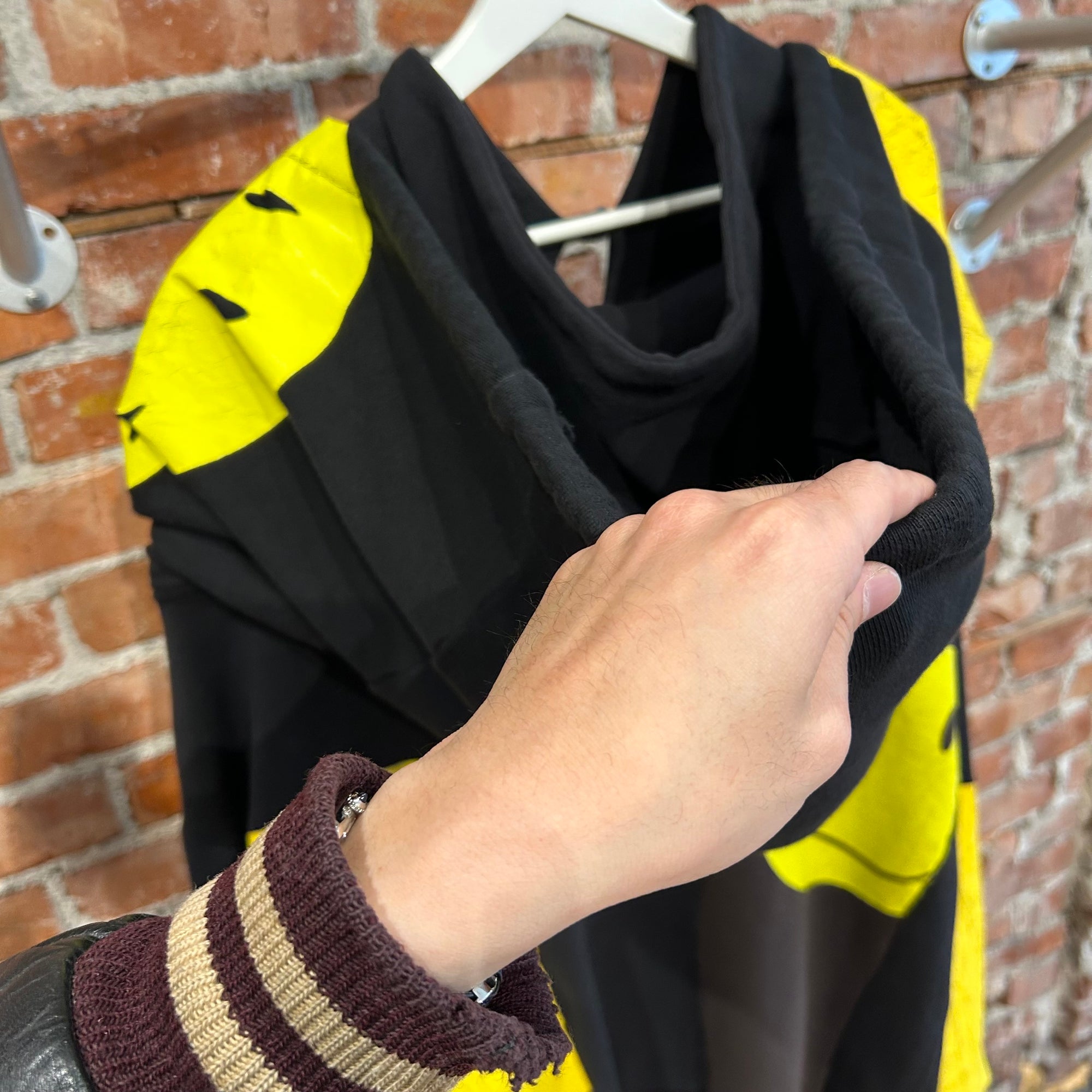 KAPITAL RECONSTRUCTED PATCHWORK SMILEY HOODIE ‘BLACK/YELLOW’