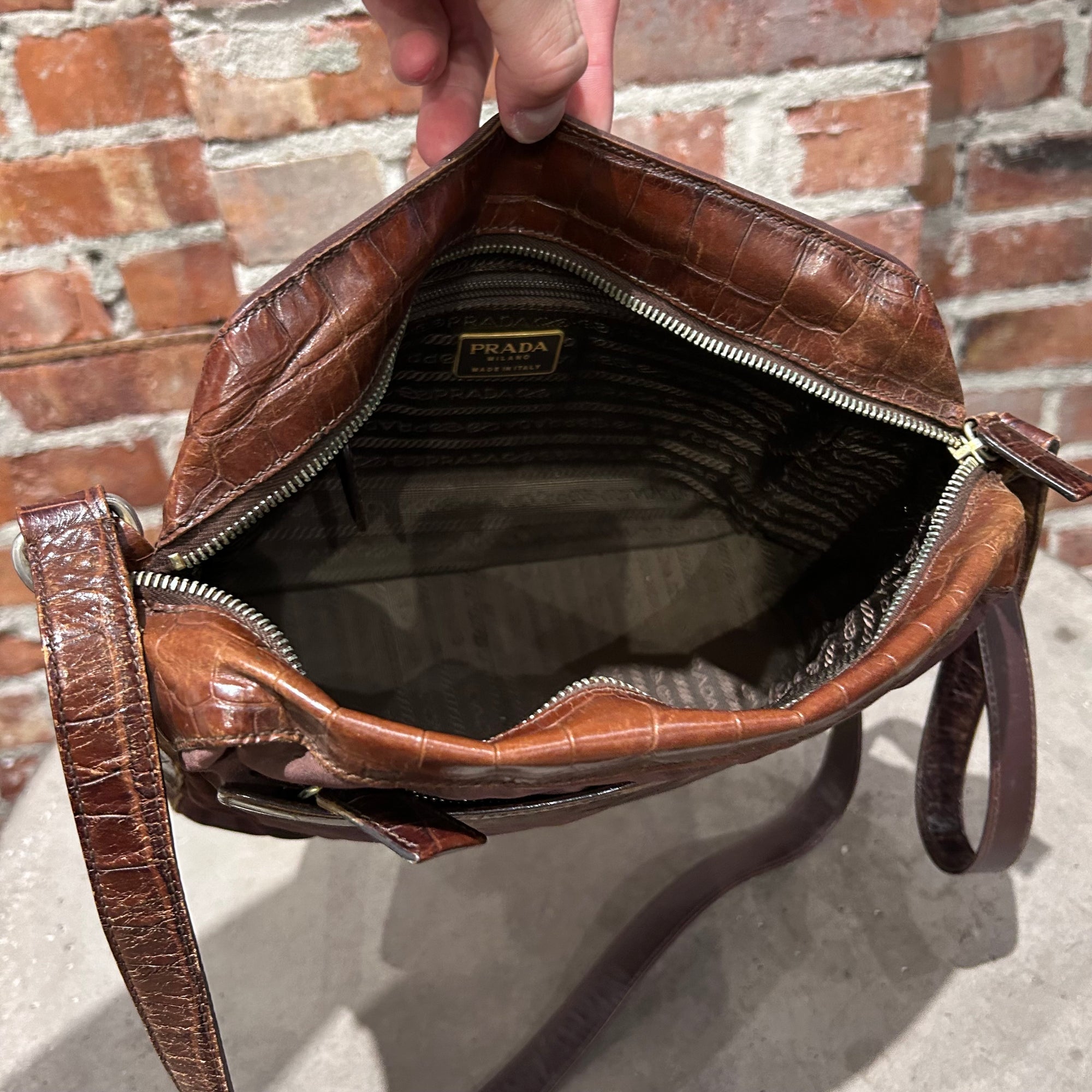 PRADA TESSTUO NYLON CROC LEATHER CROSSBODY BAG ‘BURGUNDY’