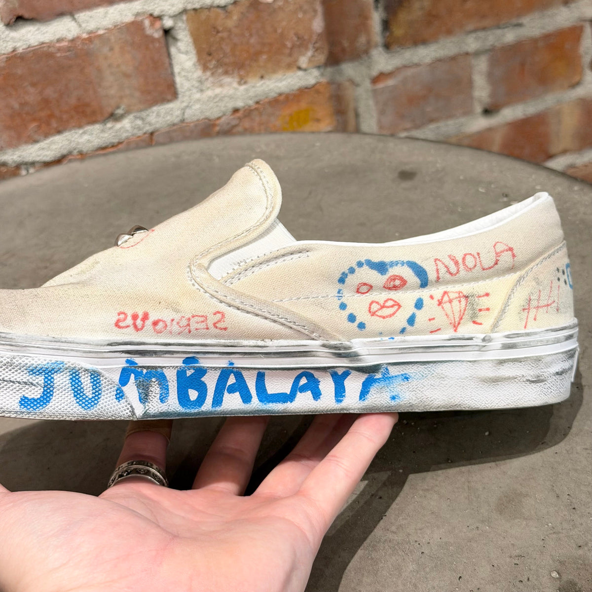 PALY HOLLYWOOD 1 OF 1 HAND PAINTED VANS SLIP ONS ‘WHITE’