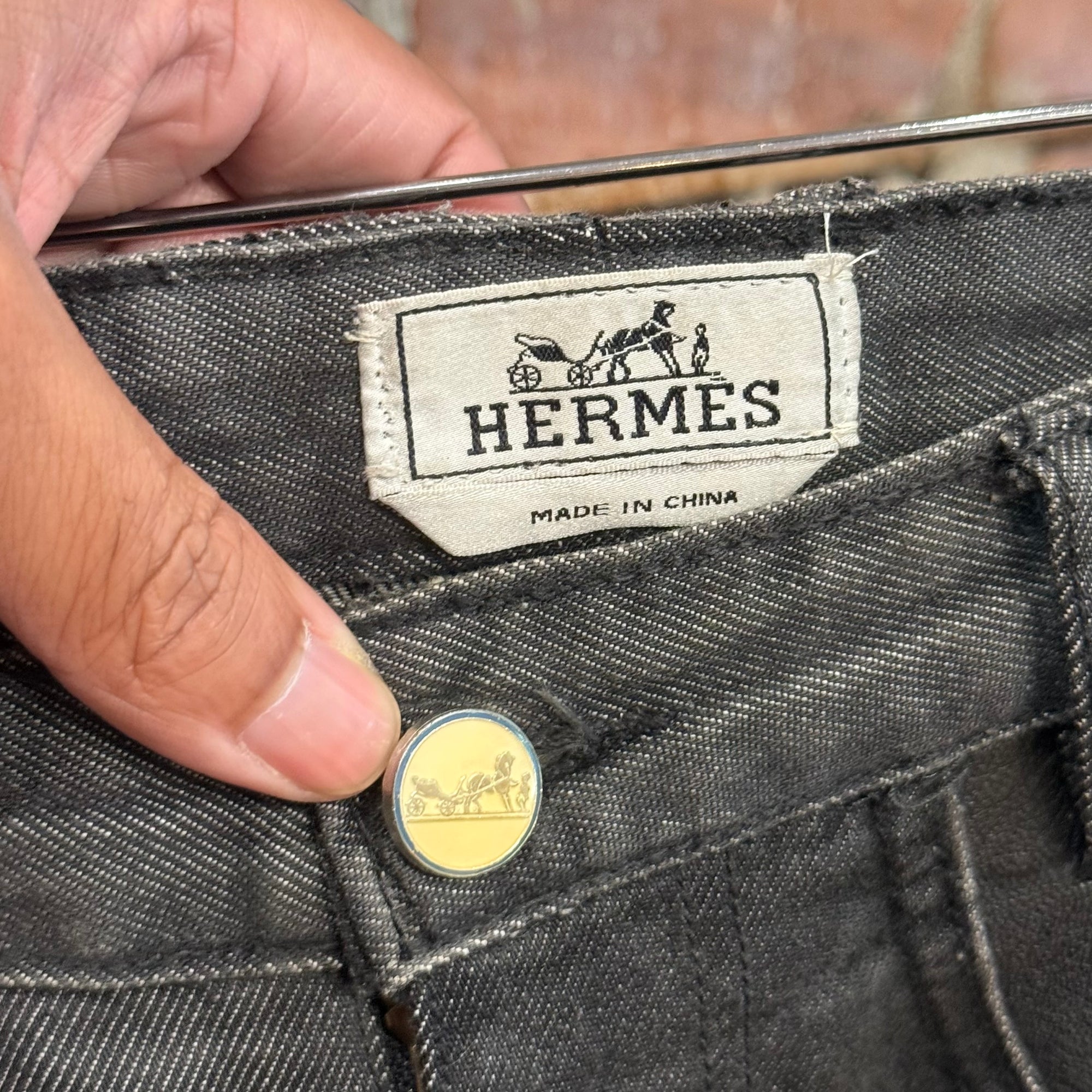 HERMES VINTAGE LEATHER DETAILED DENIM ‘BLACK’