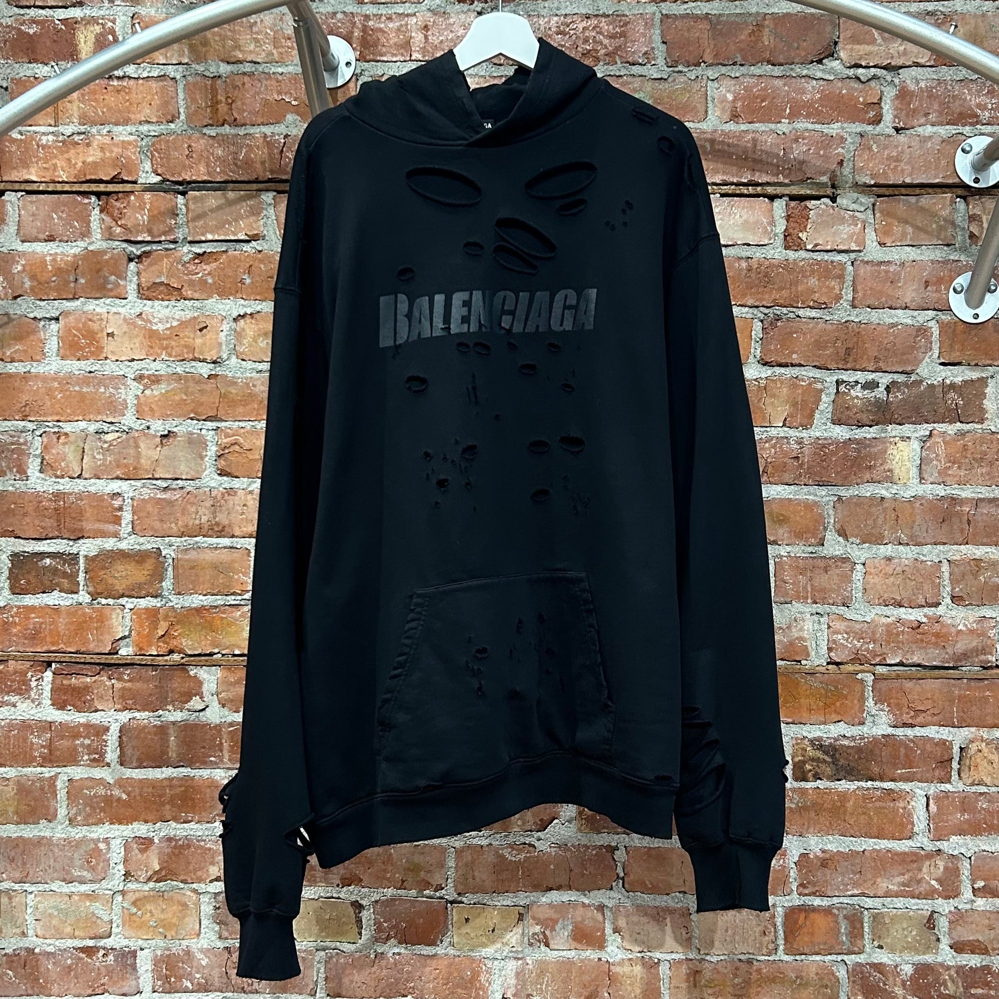 BALENCIAGA FW21 DESTROYED DUAL-LAYER HOODIE ‘BLACK’