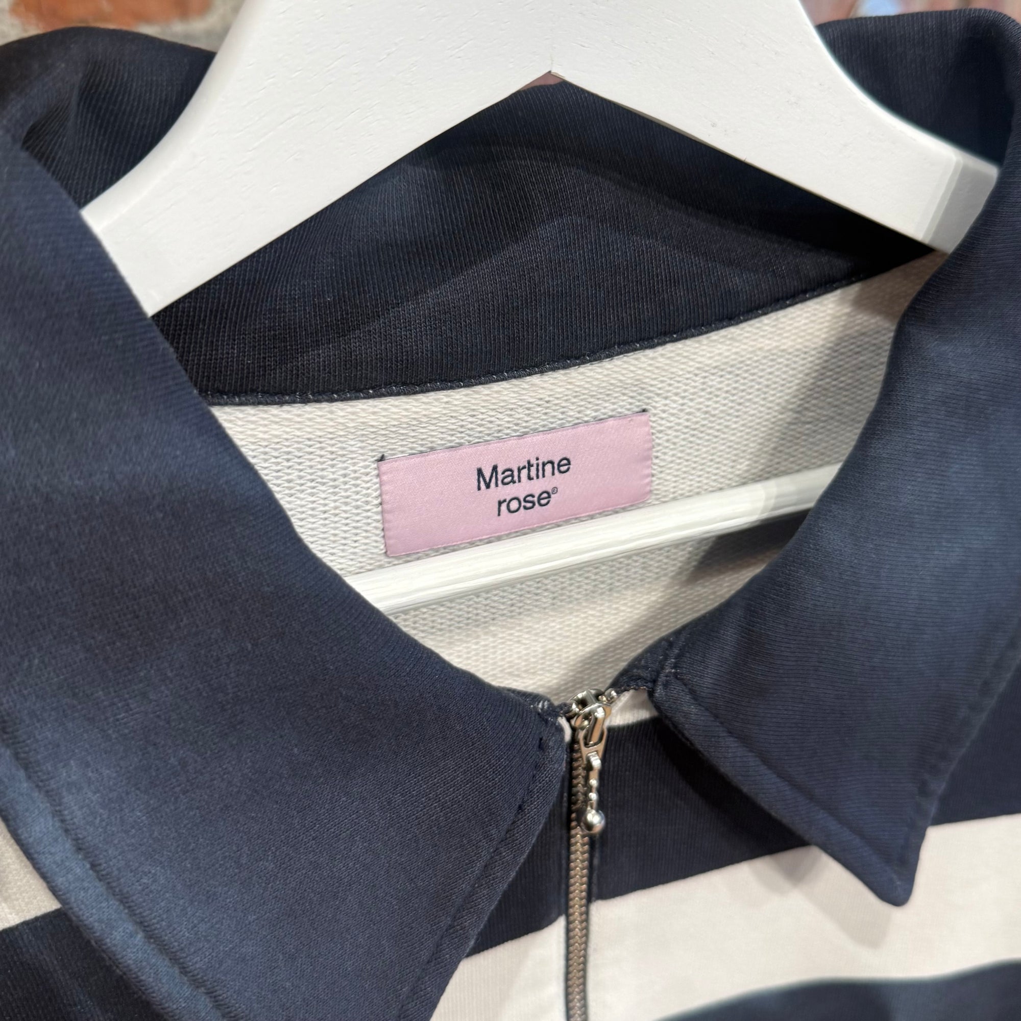 MARTINE ROSE EMBROIDERED QUARTER ZIP RUGBY ‘NAVY/WHITE’