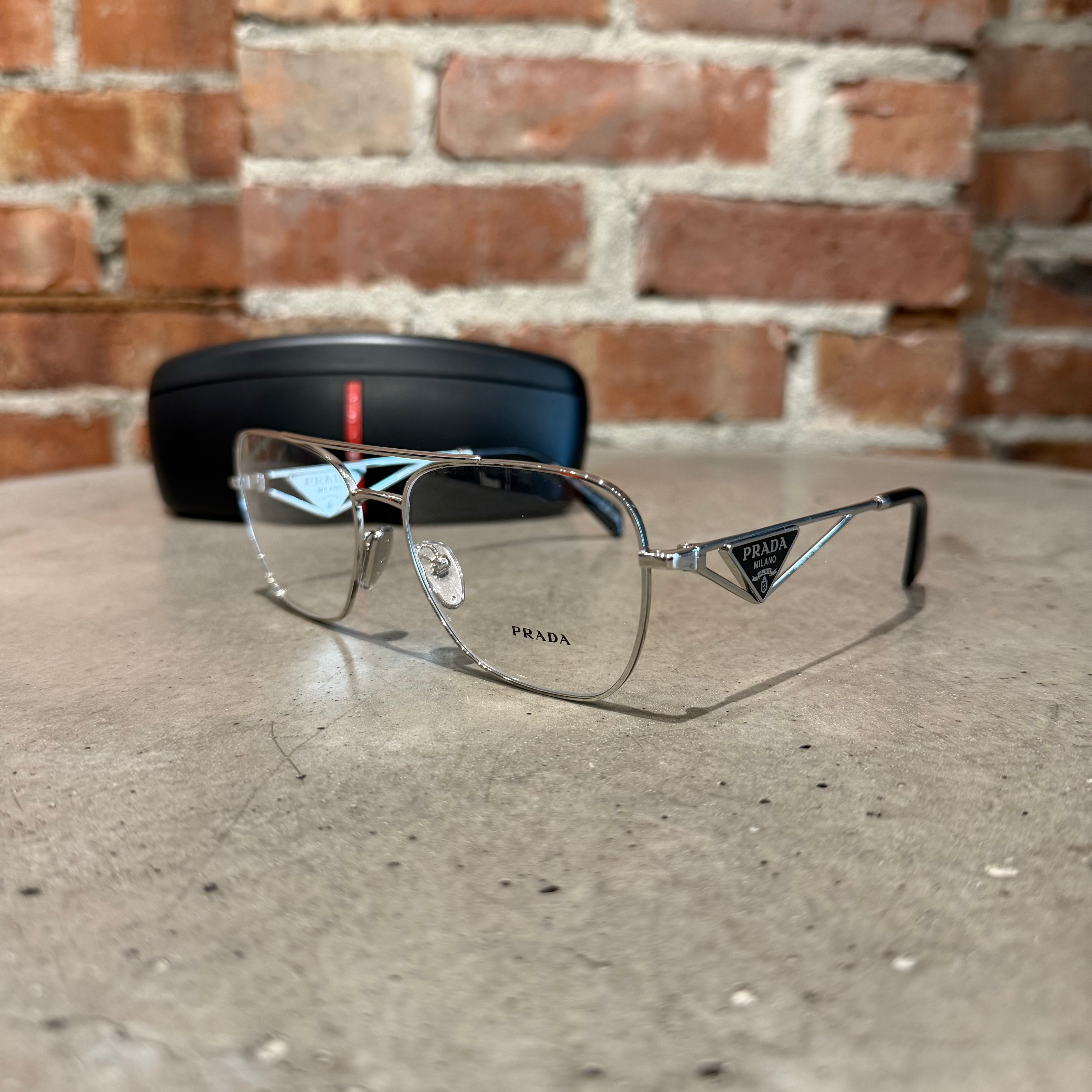 小物 PRADA halfrim color glasses silver black PRADA TRIANGLE BADGE GLASSES 'SILVER/BLACK' – Sadō Room