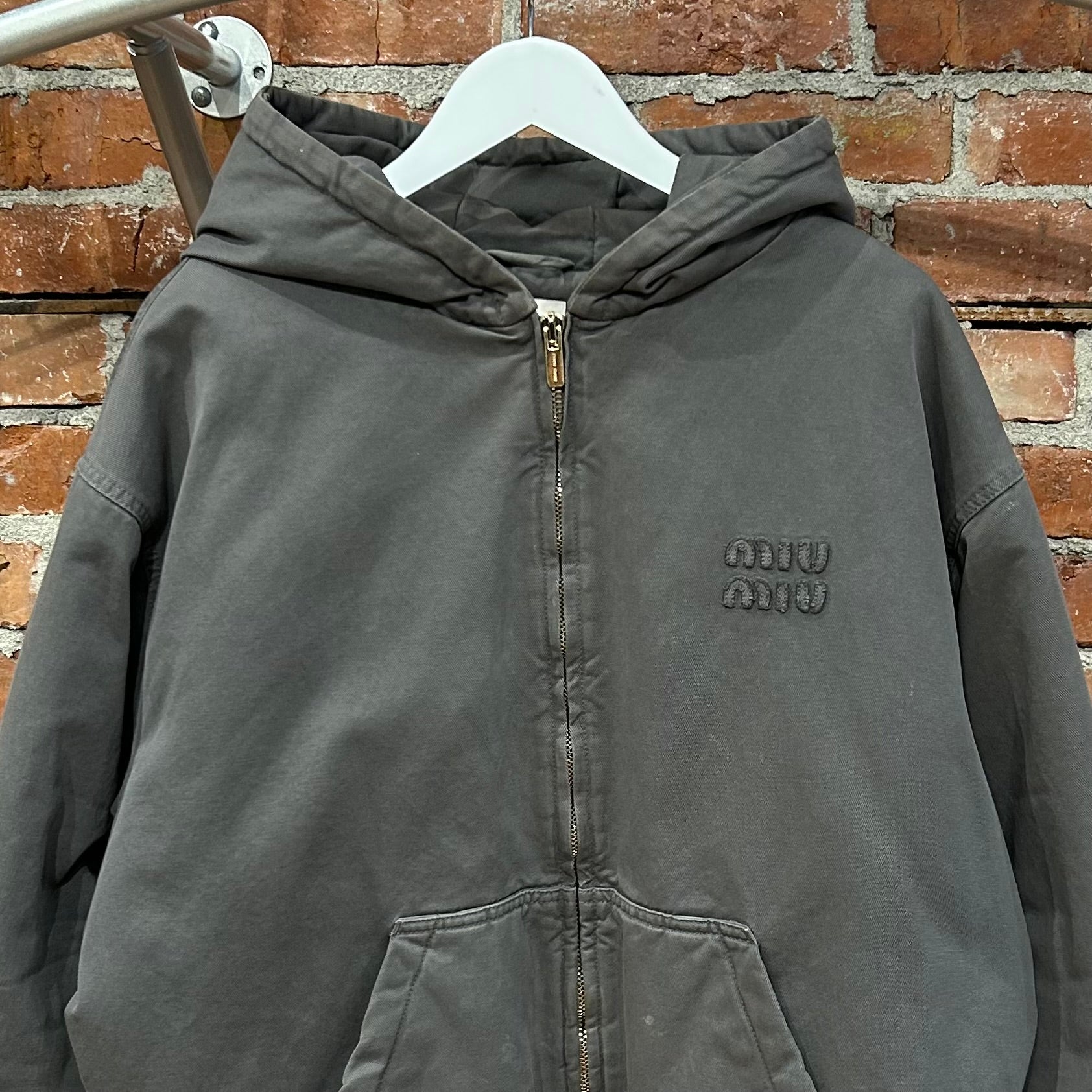 MIU MIU HOODED GARMENT-DYED BLOUSON JACKET ‘GREY’