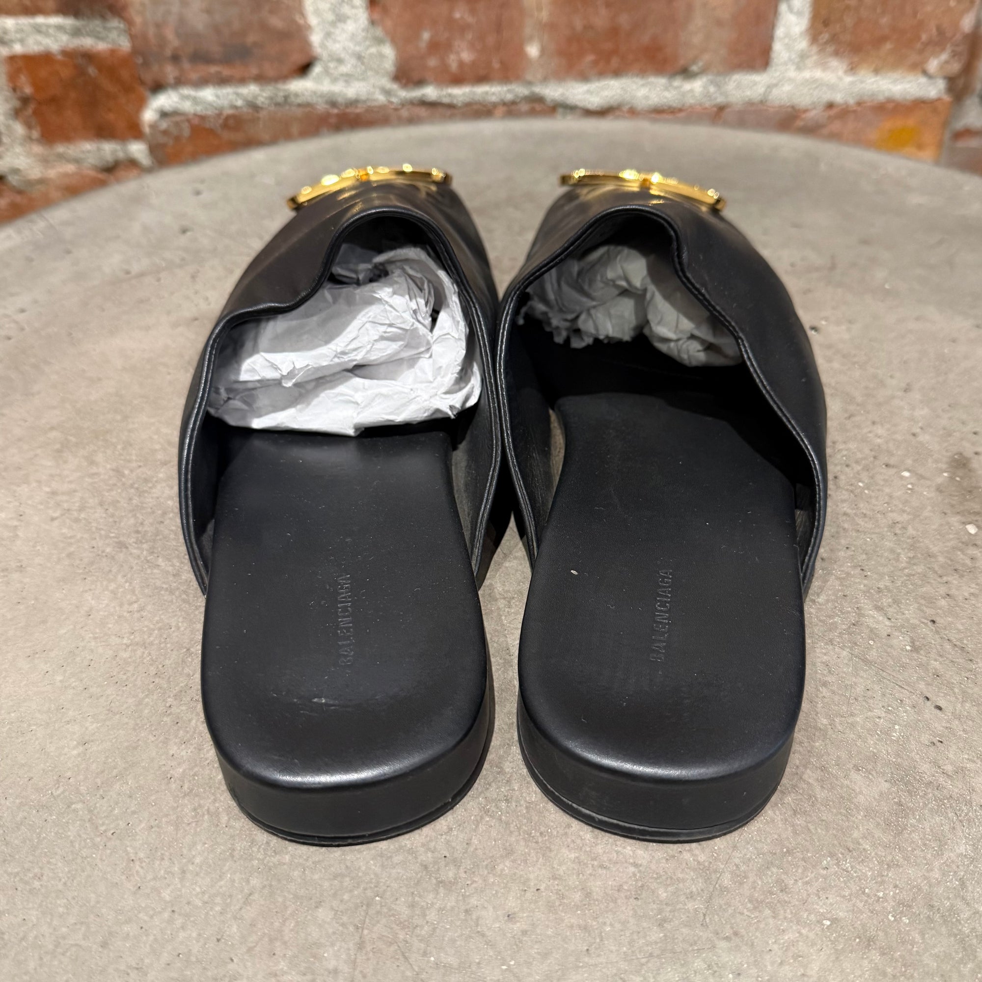 BALENCIAGA CALFSKIN LEATHER COSY BB MULES ‘BLACK’