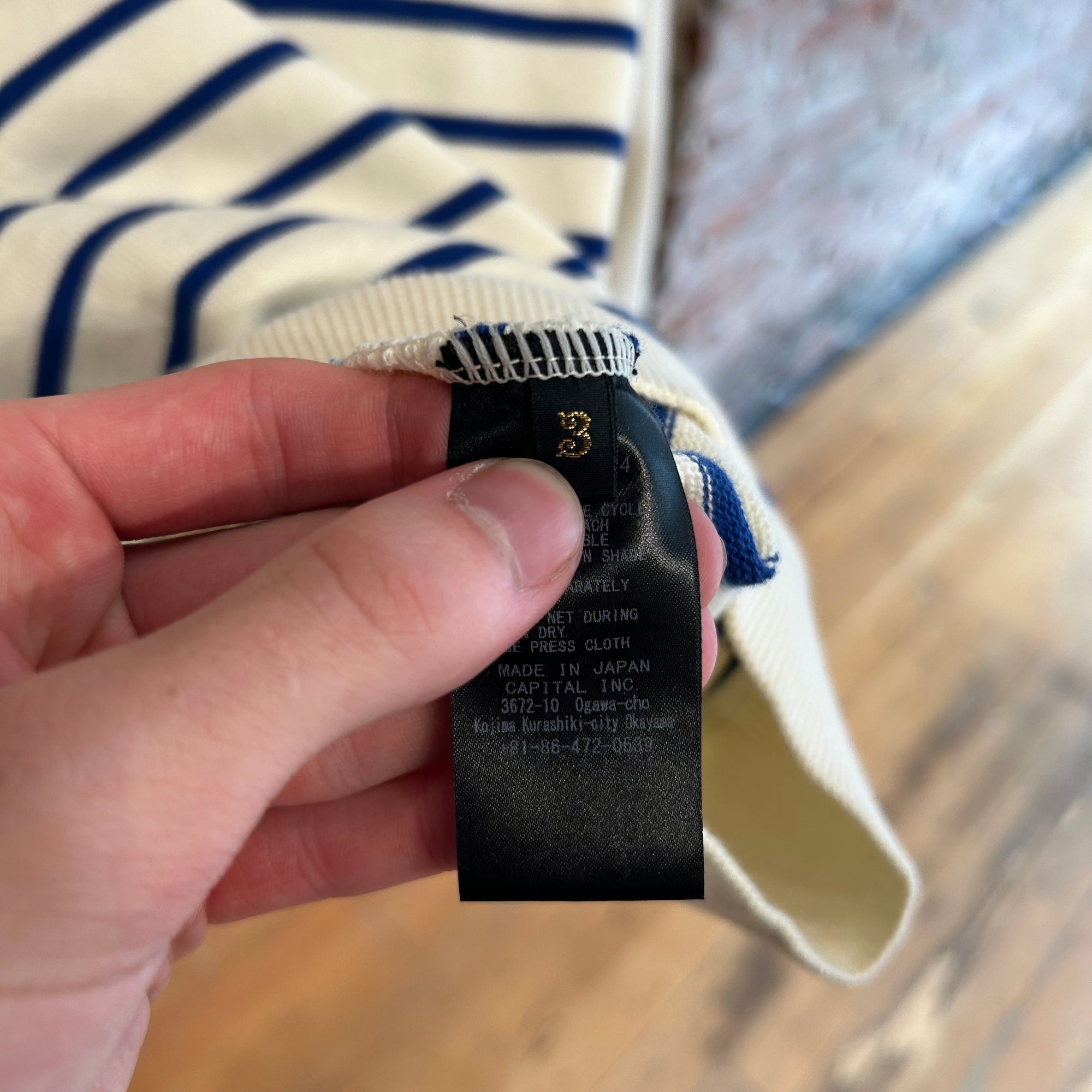 KAPITAL 12G PANEL STRIPE BONE KNIT SWEATER ‘ECRU/BLUE’