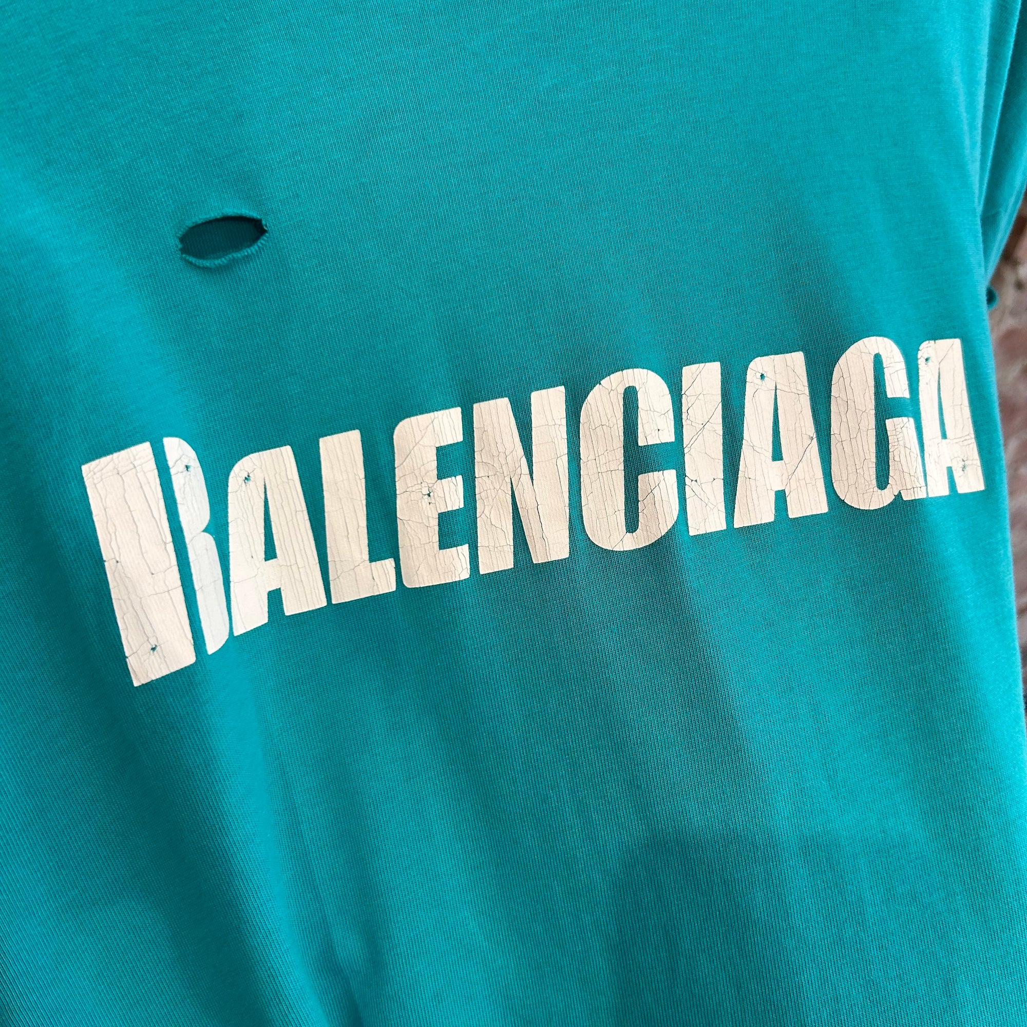 BALENCIAGA SS20 DESTROYED FLATGROUND TEE ‘TURQUOISE’