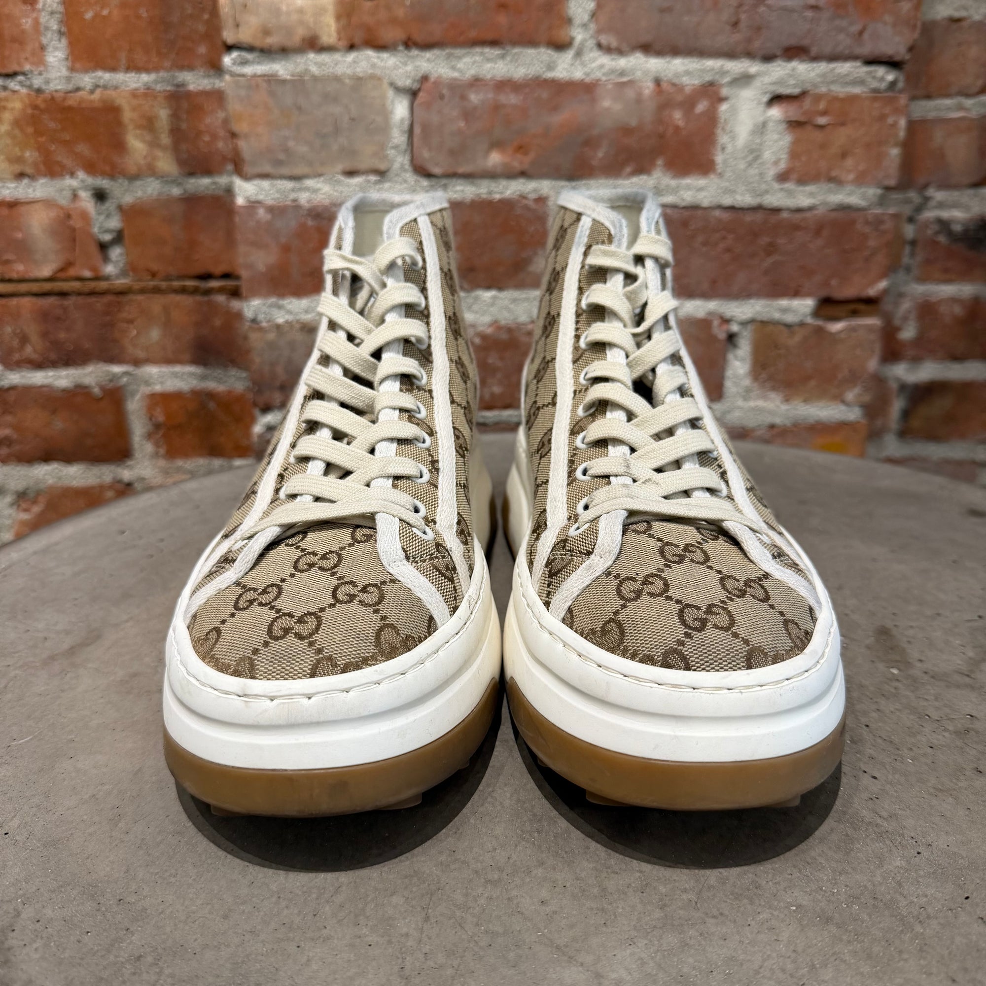 GUCCI MONOGRAM TENNIS HIGHTOP SNEAKERS ‘BROWN’