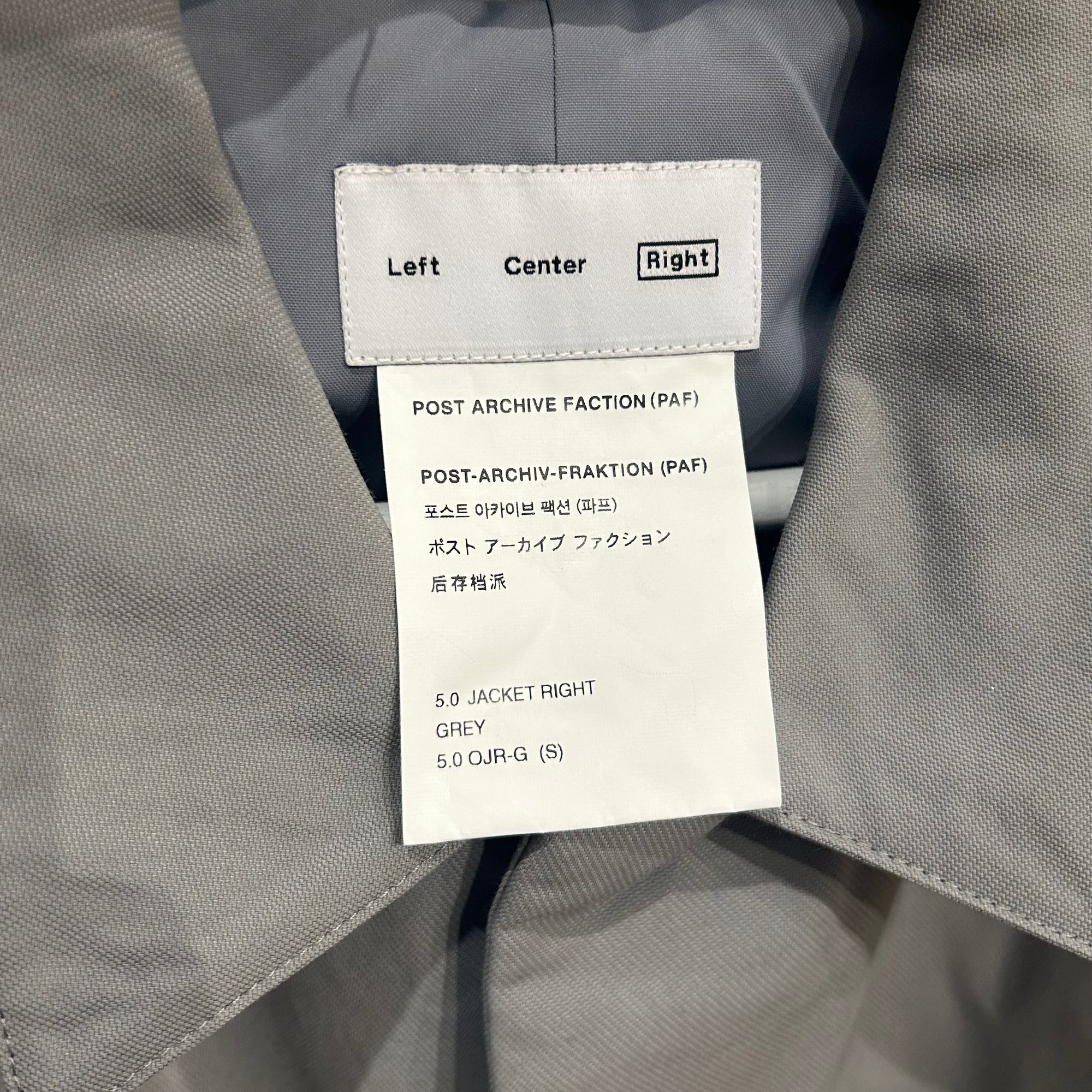 POST ARCHIVE FACTION 5.0 RIGHT JACKET ‘GREY’