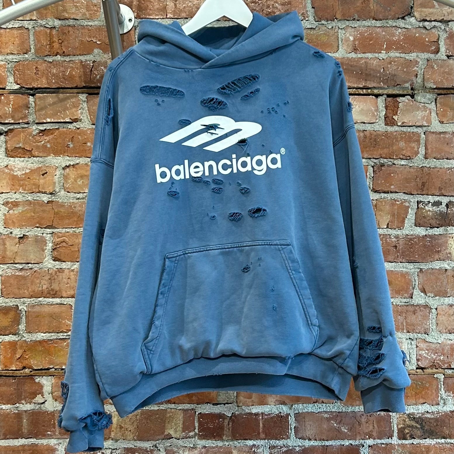 BALENCIAGA FW25 DISTRESSED 3B SPORTS ICON HOODIE ‘BLUE’