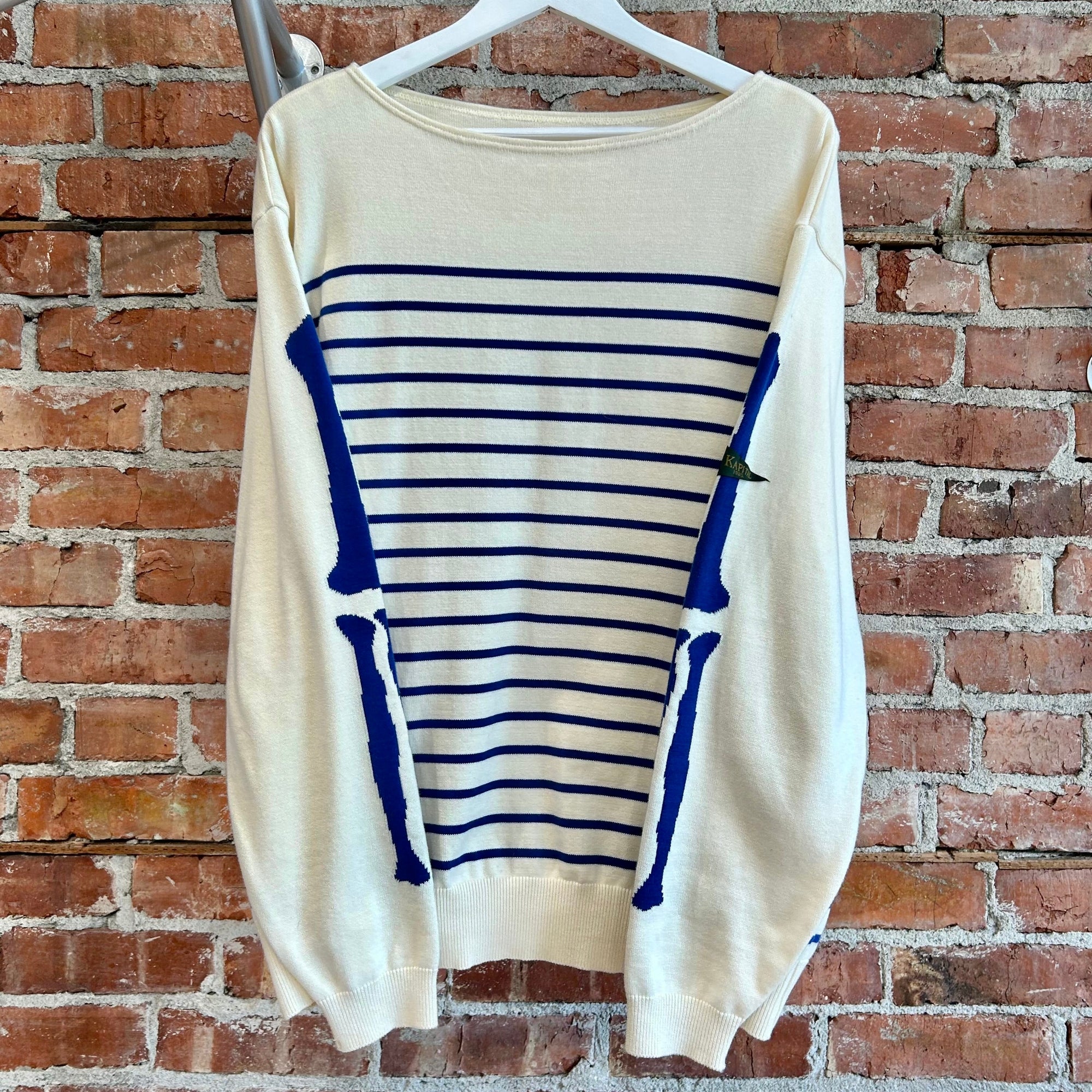 KAPITAL 12G PANEL STRIPE BONE KNIT SWEATER ‘ECRU/BLUE’